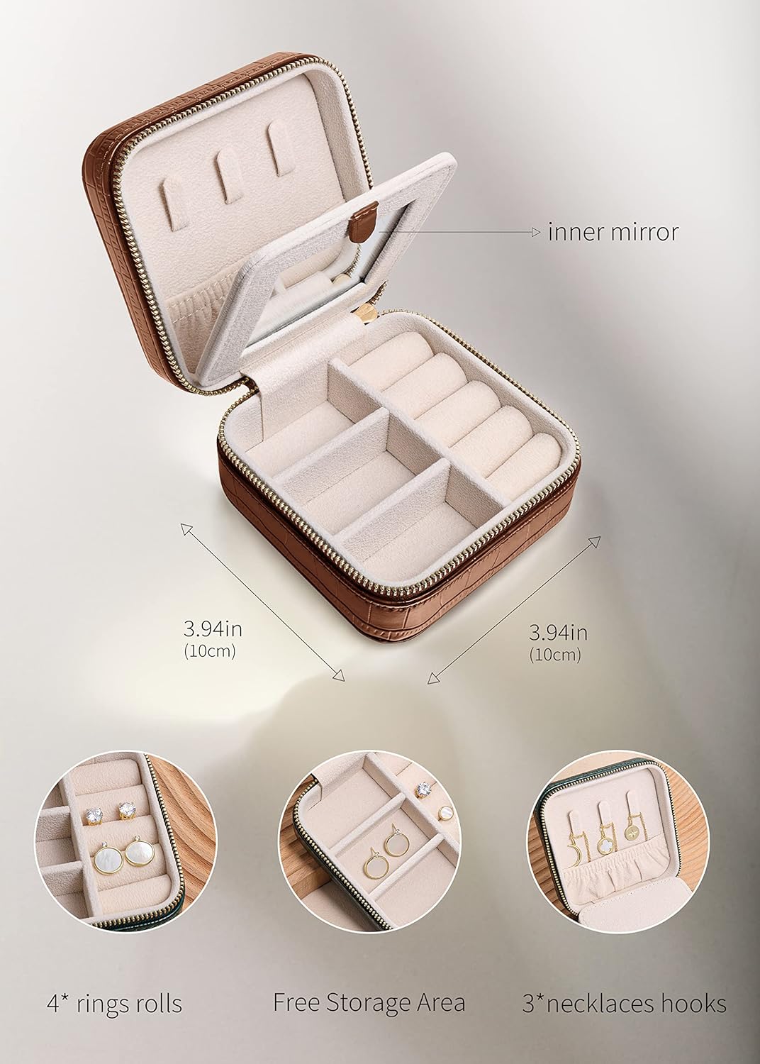 S.Leaf Travel Jewelry Organizer Boxes for Women Small Portable Necklace Earrings Bracelet Rings Travel Case Best Friend Birthday Gifts for Women Trendy (12_Pattern_Crocodile_Brown_01)