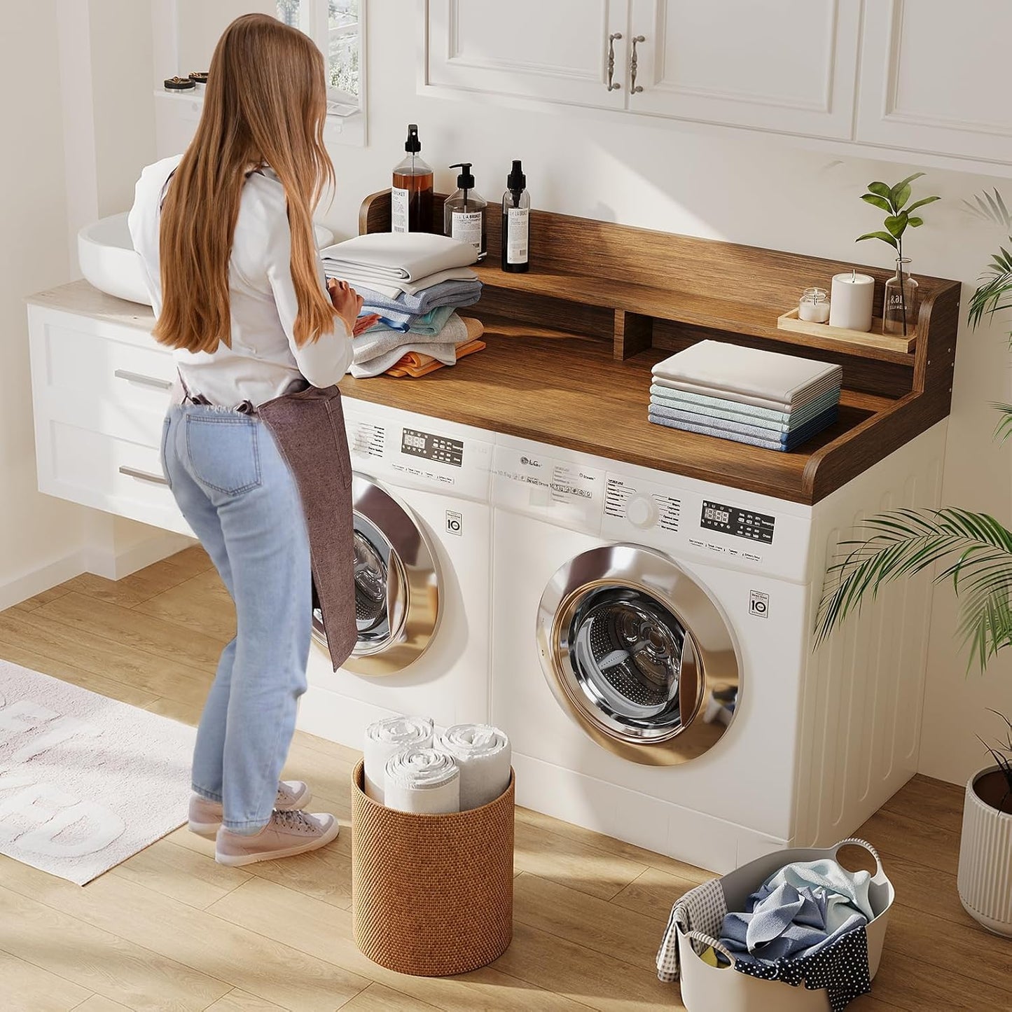 2-Tier Washer Dryer Countertop with 2.75" H Edge Rails, 58" W x 28" D Laundry Countertop for Folding Clothes, Washer and Dryer Topper with Non-Slip Pad (Brown)