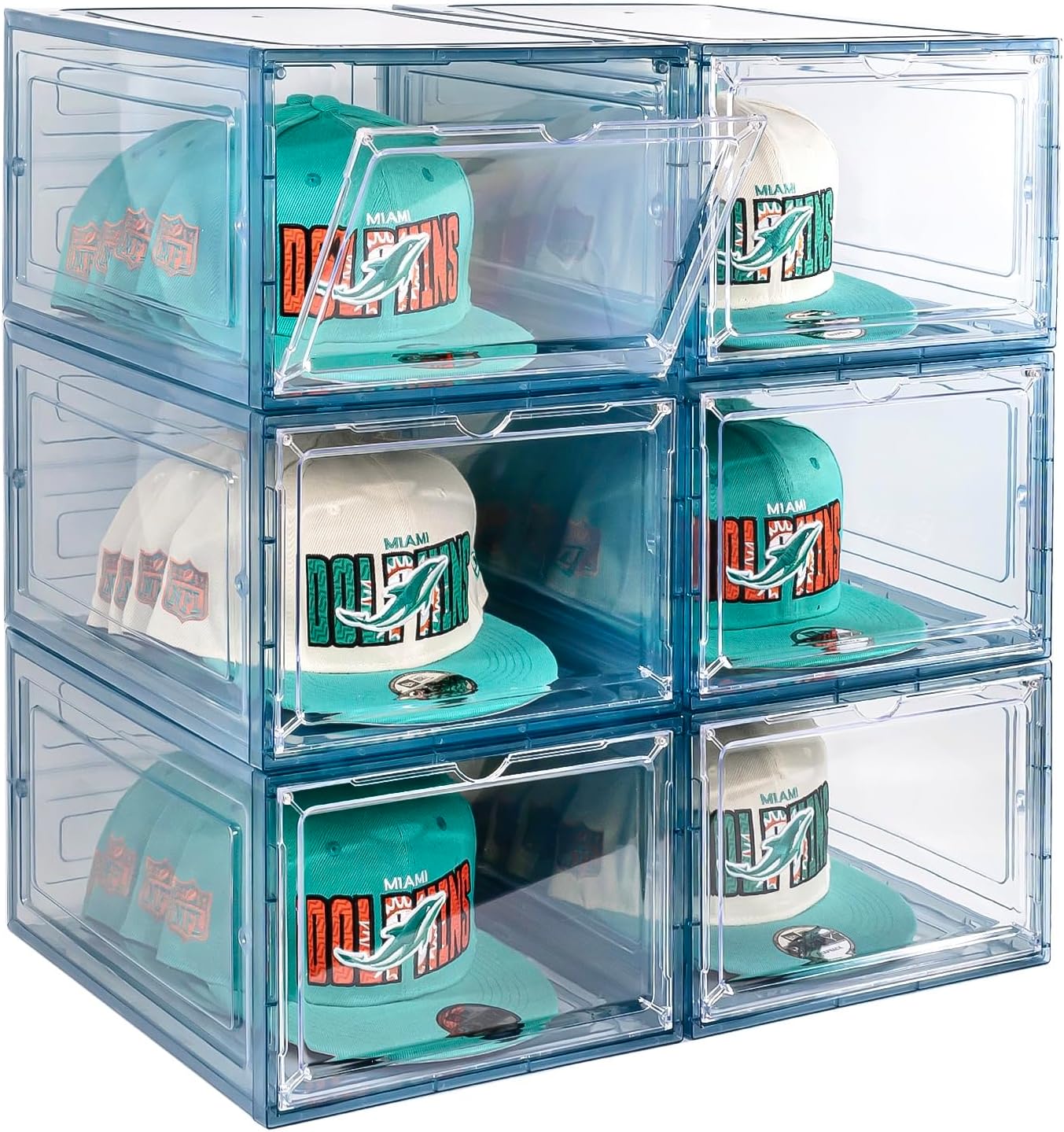 6 Pack Hat Organizer Box, Stackable Clear Baseball Caps Holder Box Containers with Magnetic Door for Hats Snapback Cap Storag, Hat Rack Display Case, Holds 8 Hats Each (Blue)