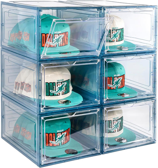6 Pack Hat Organizer Box, Stackable Clear Baseball Caps Holder Box Containers with Magnetic Door for Hats Snapback Cap Storag, Hat Rack Display Case, Holds 8 Hats Each (Blue)