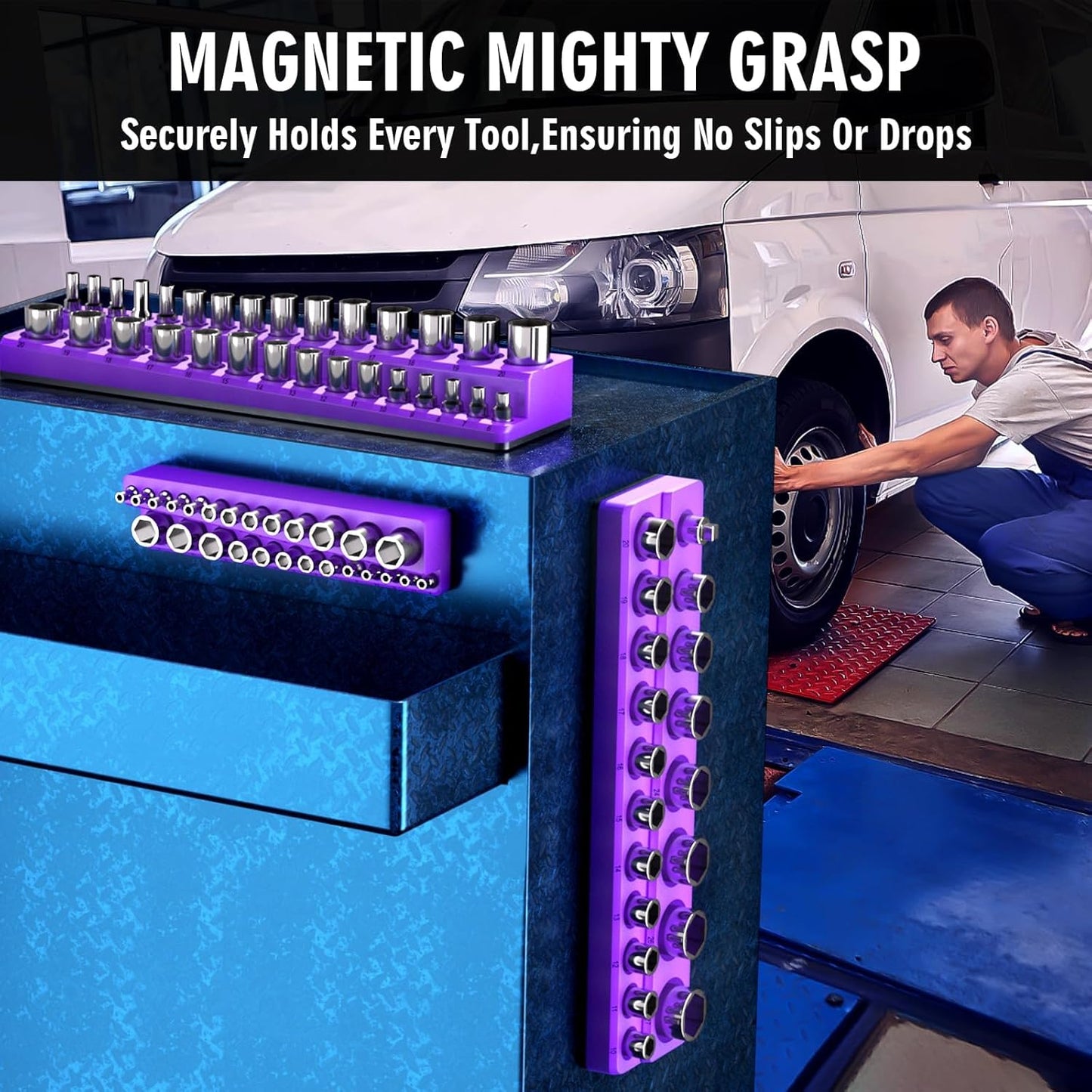 Magnetic Socket Organizer Set, 3-Piece Socket Holder Trays for 1/4" 3/8" 1/2" Drive Sockets, Organizes 68 Metric Sockets, Purple Tool Box Organizer (Sockets Not Included)