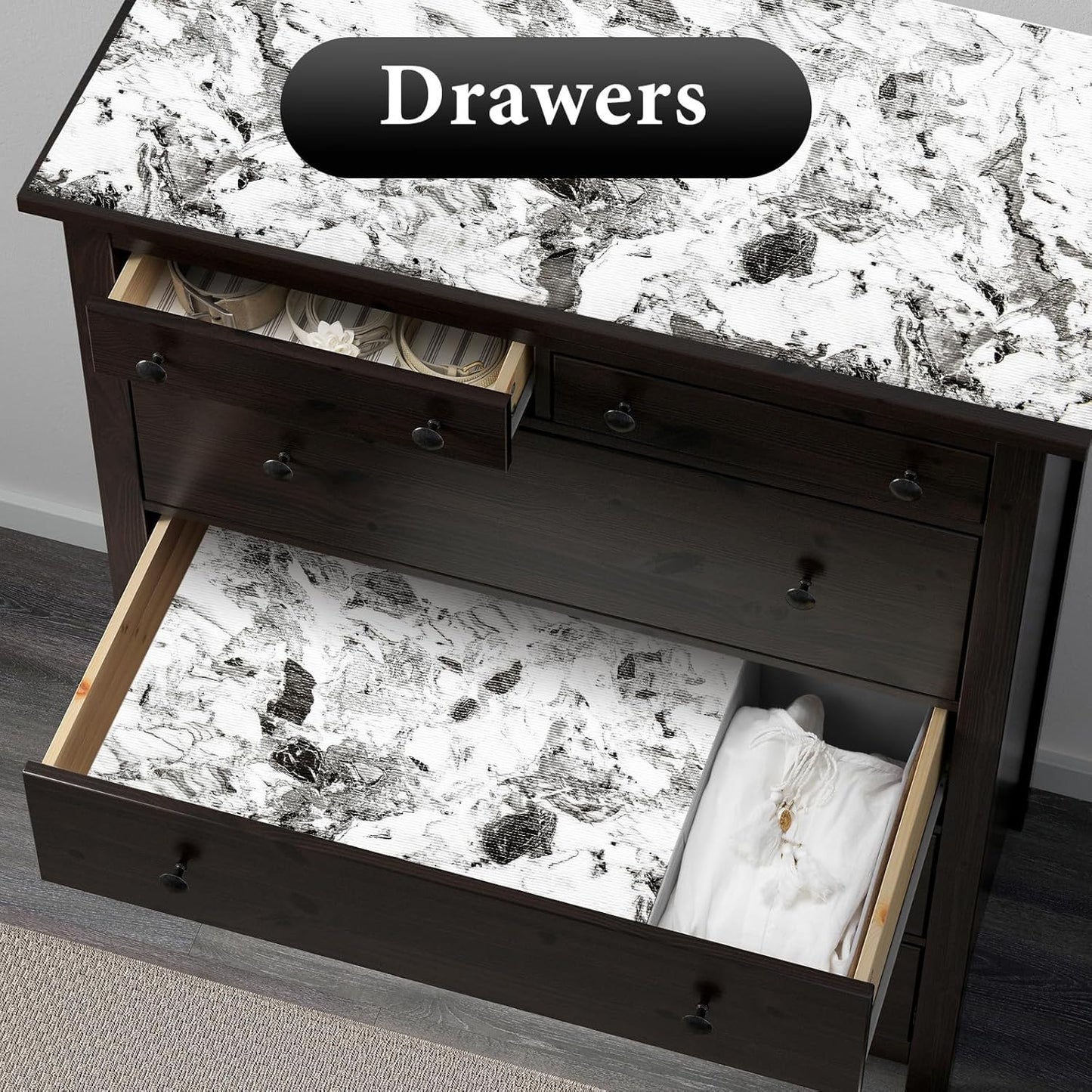 Drawer and Shelf Liner for Kitchen Cabinet: 17 in X 30 Ft Non Slip Waterproof Shelf Paper Non Adhesive Refrigerator Liners Grey and White Marble Easy Liners for Bathroom with Knife Tape Measure