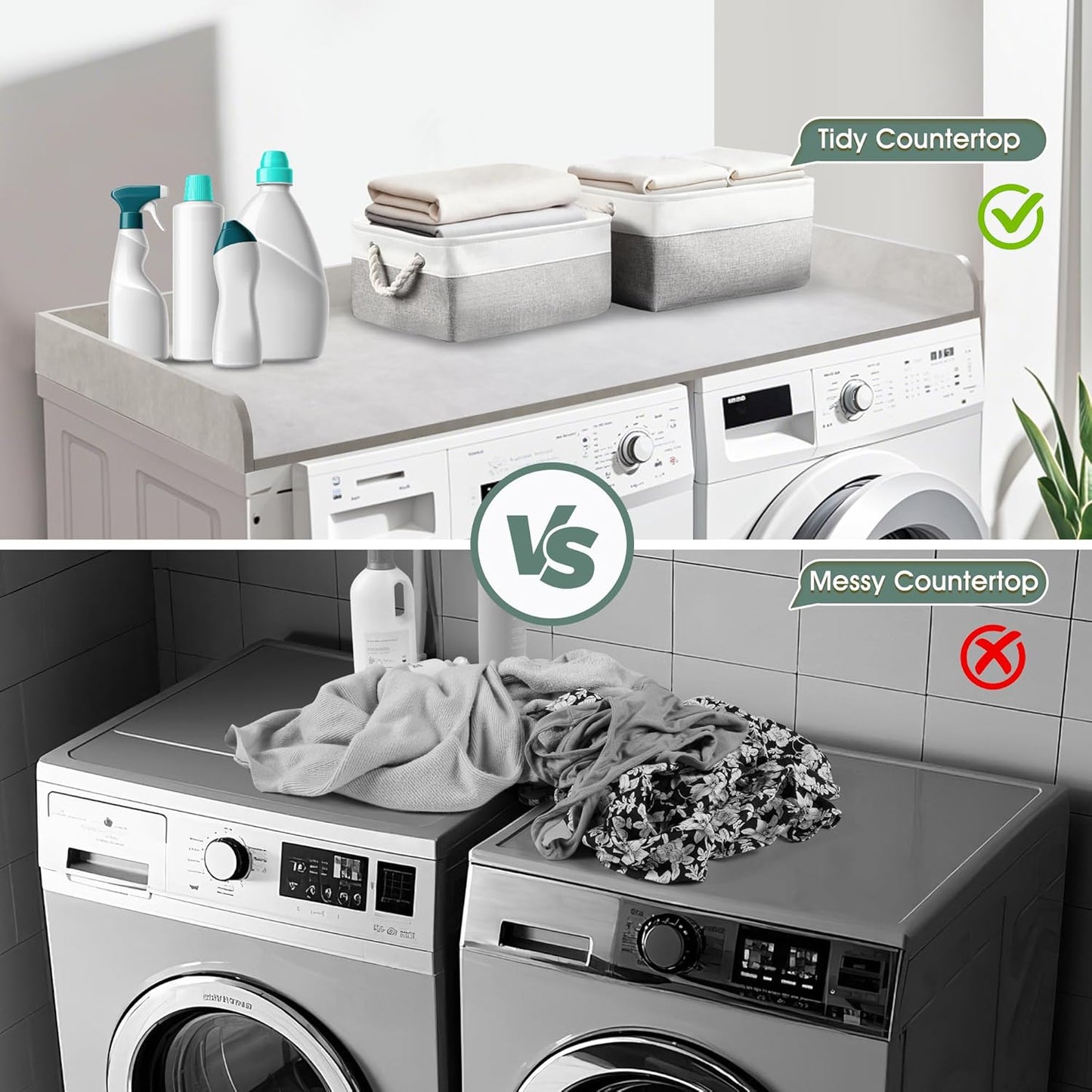 Washer Dryer Countertop with 2 Pack Storage Baskets, Wood Washer and Dryer Countertop with Non-Slip Pads/Edge Rails for Laundry Room Storage and Organization, 27.5" W x 54" L(Light Grey Marble)