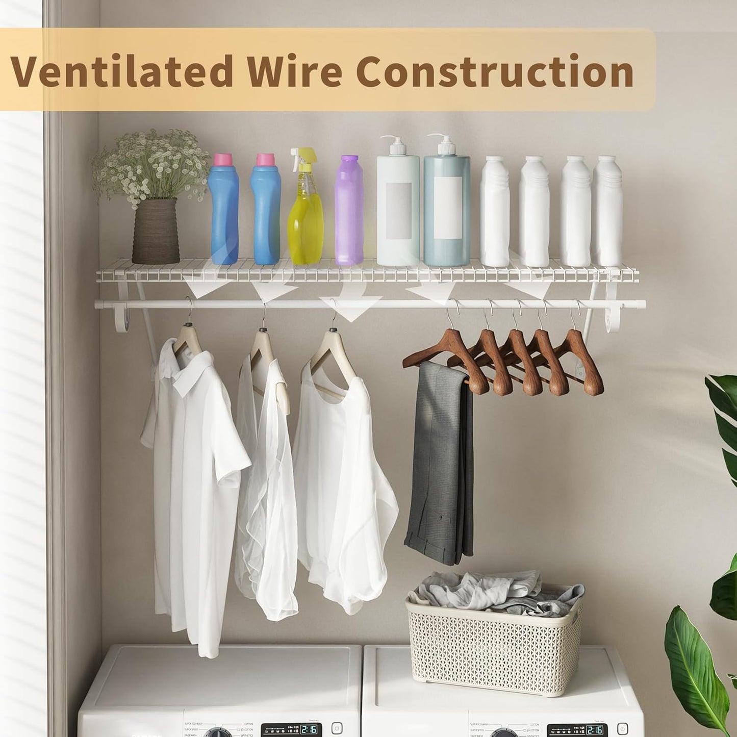 Closet Shelves Wall Mounted with Hanging Rod, 4 Pack 4 ft x 12 in White Wire Shelving Kit, Metal Wall Shelf Organizer for Home, Pantry, Laundry Room Storage