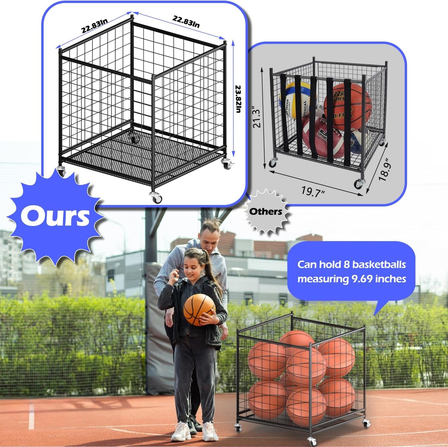 Ball Storage - Basketball Cart With Wheels Garage Volleyball Storage Sport Equipment Holder Organizer For Indoor Outdoor,Metal Storage Rack For Playgroup,Gym And School