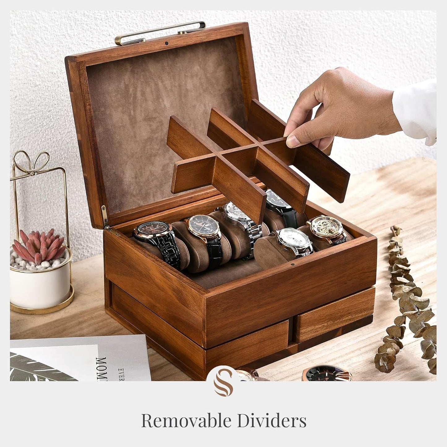 Shanik Luxury Large Watch Box Organizer for Men with 8 Divided Slots, Soft Velvet Pillows, and Pull-Out Drawers for Wallet, Cufflinks, and Accessories