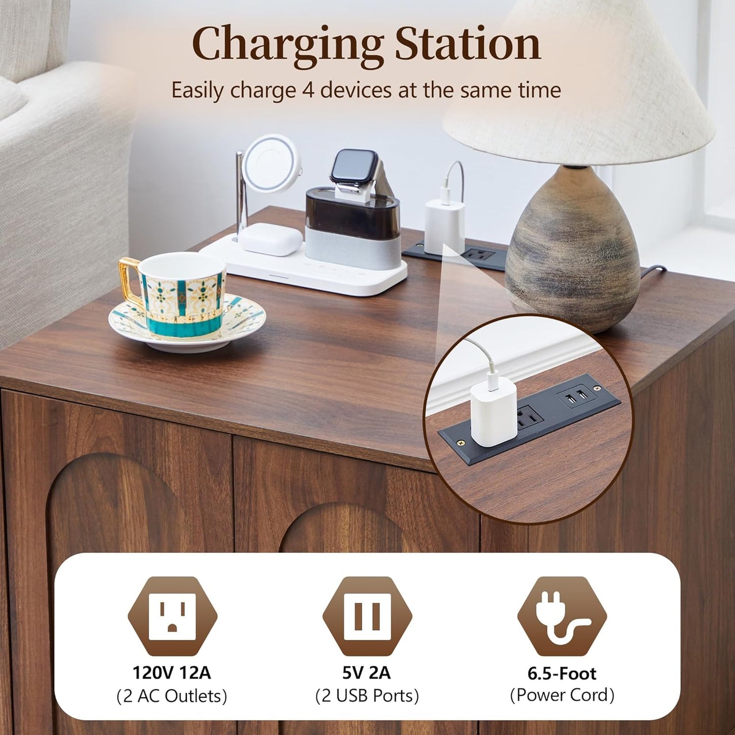 Bed Side Table Set of 2 with Charging Station, Mid Century Modern Nightstand with 2 Doors, Square End Table with Storage for Couch,Living Room, Sofa Side Table for Office,Dorm - Walnut