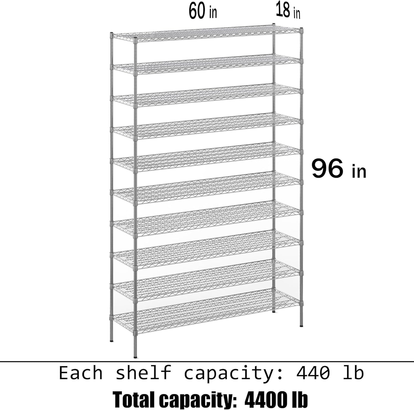 18" Deep x 60" Wide x 96" Height Wire Shelving Kit | 10-Tier | NSF Commercial Storage Rack Unit