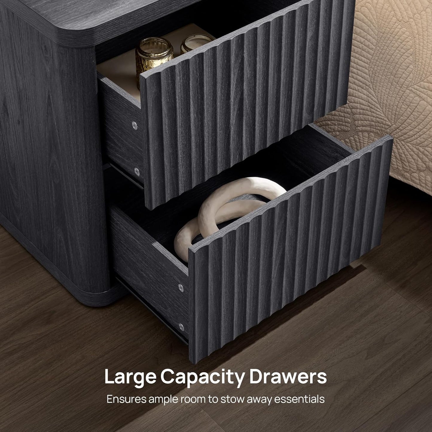 SICOTAS Night Stand Nightstand with 2 Drawers Storage Bedside Table Large Fluted Bed Side End Table Modern 24.4" Tall Wide Night Stands for Bedroom Living Room Sofa Couch Home Office, Dark Grey Alder