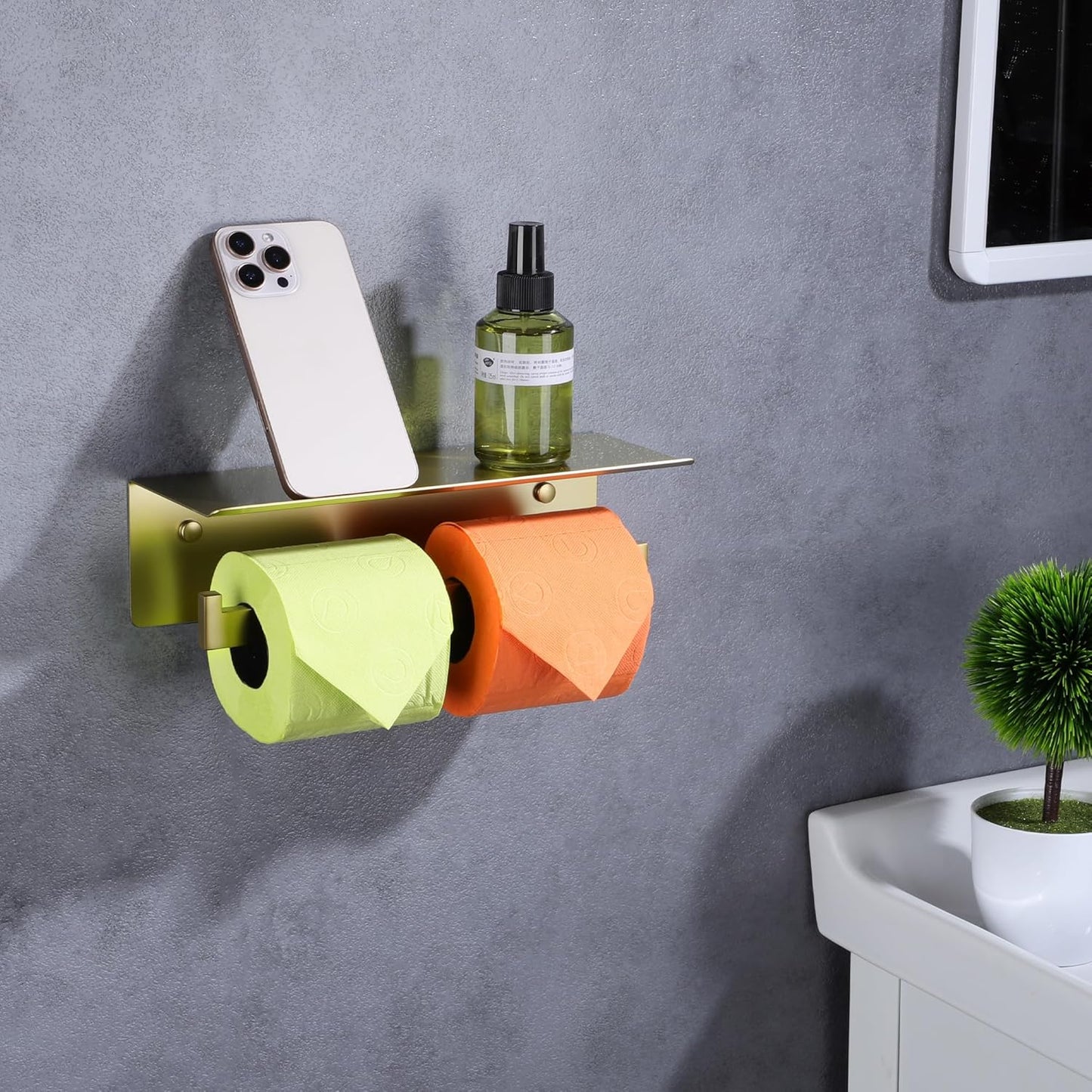 LANC Double Toilet Paper Holder with Shelf, Brushed Gold Commercial Roll Tissue Dispenser with Phone Shelf for Bathroom Wall Mounted or 3M Self-Adhesive Stainless Steel Storage, A8377BG