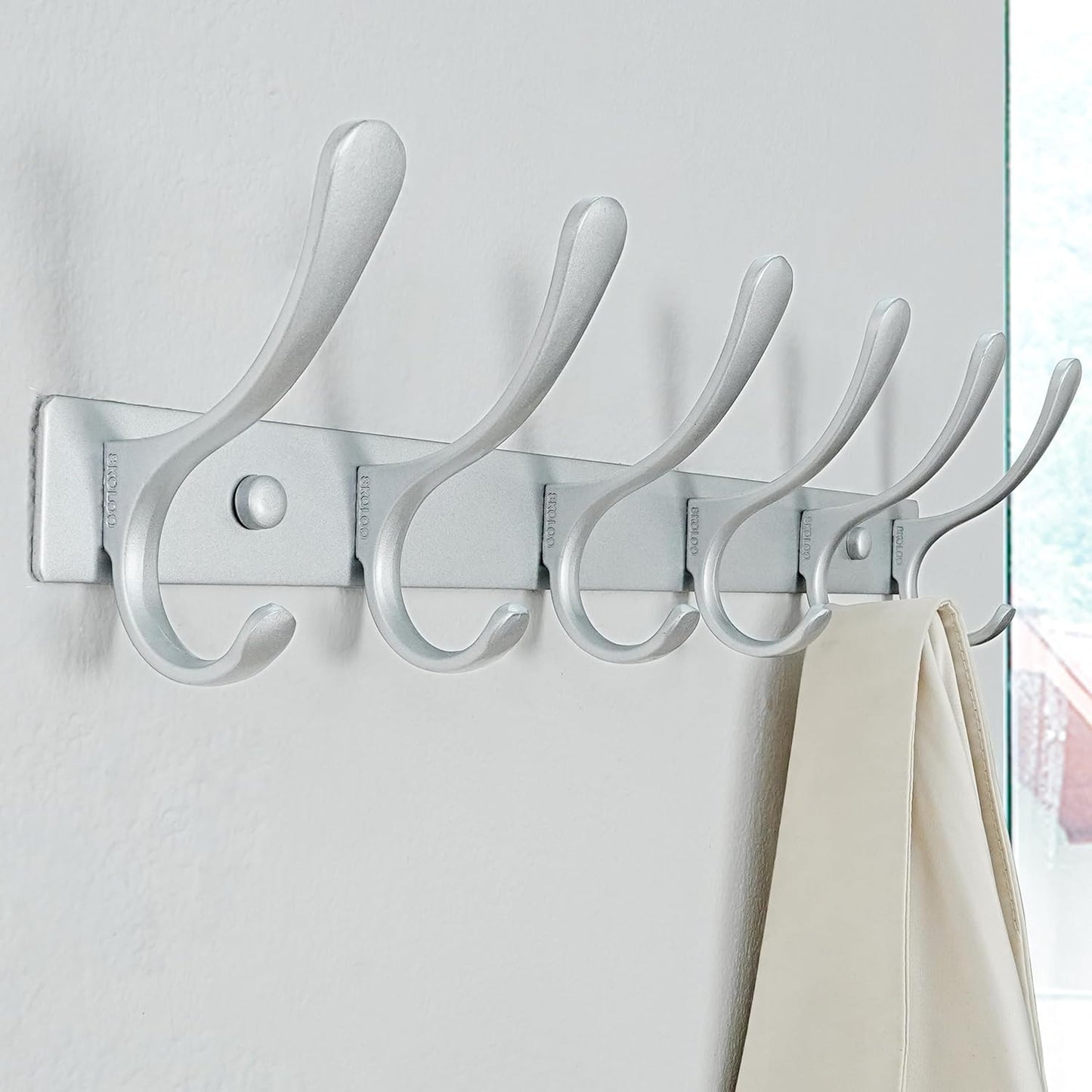 SKOLOO Coat Rack Wall Mounted - 6 Hooks, Heavy Duty, Stainless Steel, Metal Wall Hangers, Sturdy Coat Hooks for Hanging Coats, Jacket, Clothes, Hat, Cold Light Silver