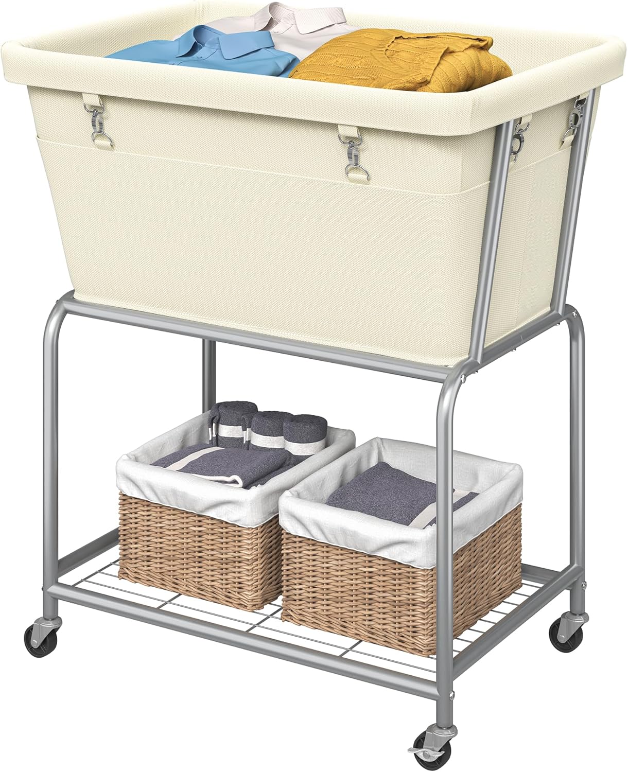 ELYKEN Laundry Cart with Wheels, Rolling Laundry Hamper with Removable Bag and Shelf, Metal Frame Laundry Basket with 4 Casters and 2 Brakes, Ideal for Bedroom, Bathroom, Laundry Room, Cream