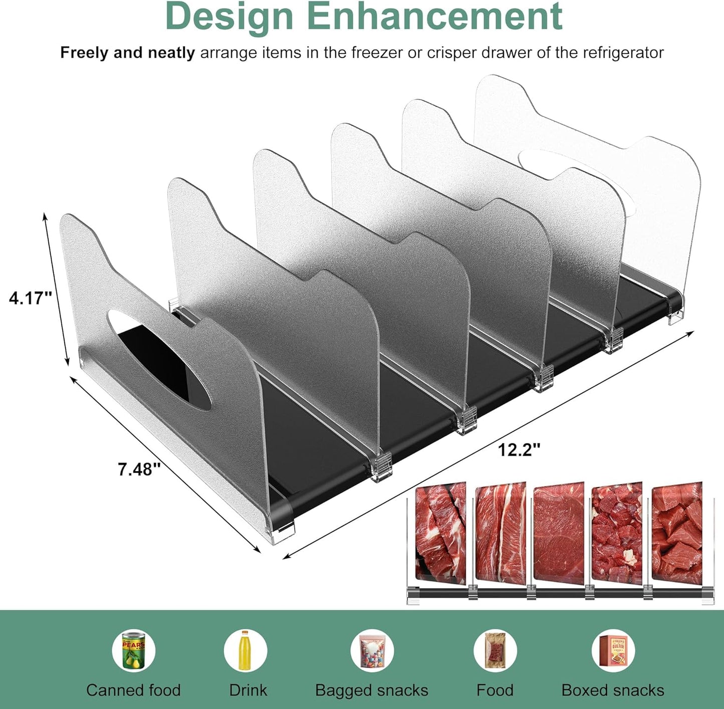 Freezer Organizer 12” Visible Fridge Organizer Rack with Removable Dividers and Handles, Freely Adjustable, Fits Refrigerator Frozen Meals, Lunch Meat Box, Cheeses (Black)