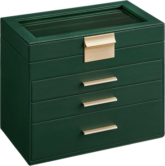 SONGMICS Jewelry Box Organizer with Glass Lid, 4-Layer Jewelry Storage, with 3 Drawers, Modern Style, Christmas Gift, 6 x 9.9 x 8.5 Inches, Forest Green and Gold Color UJBC161G01