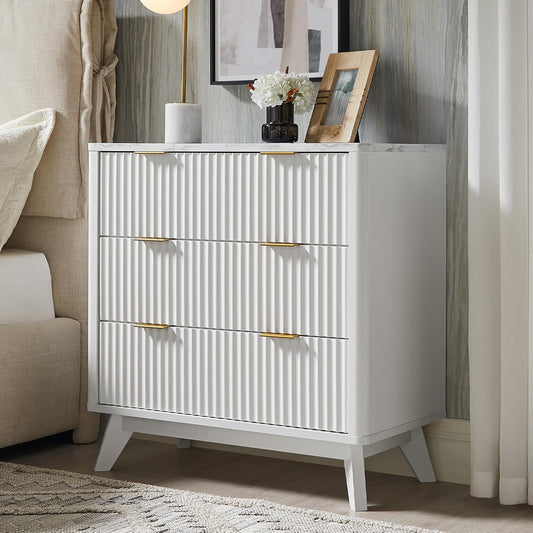 T4TREAM Fluted 3 Drawers Nightstand, Oversized Extra Large Modern Side Table with Faux Marble Top, End Table Bedside for Bedroom, Living Room, Curved Profile Design, Solid White