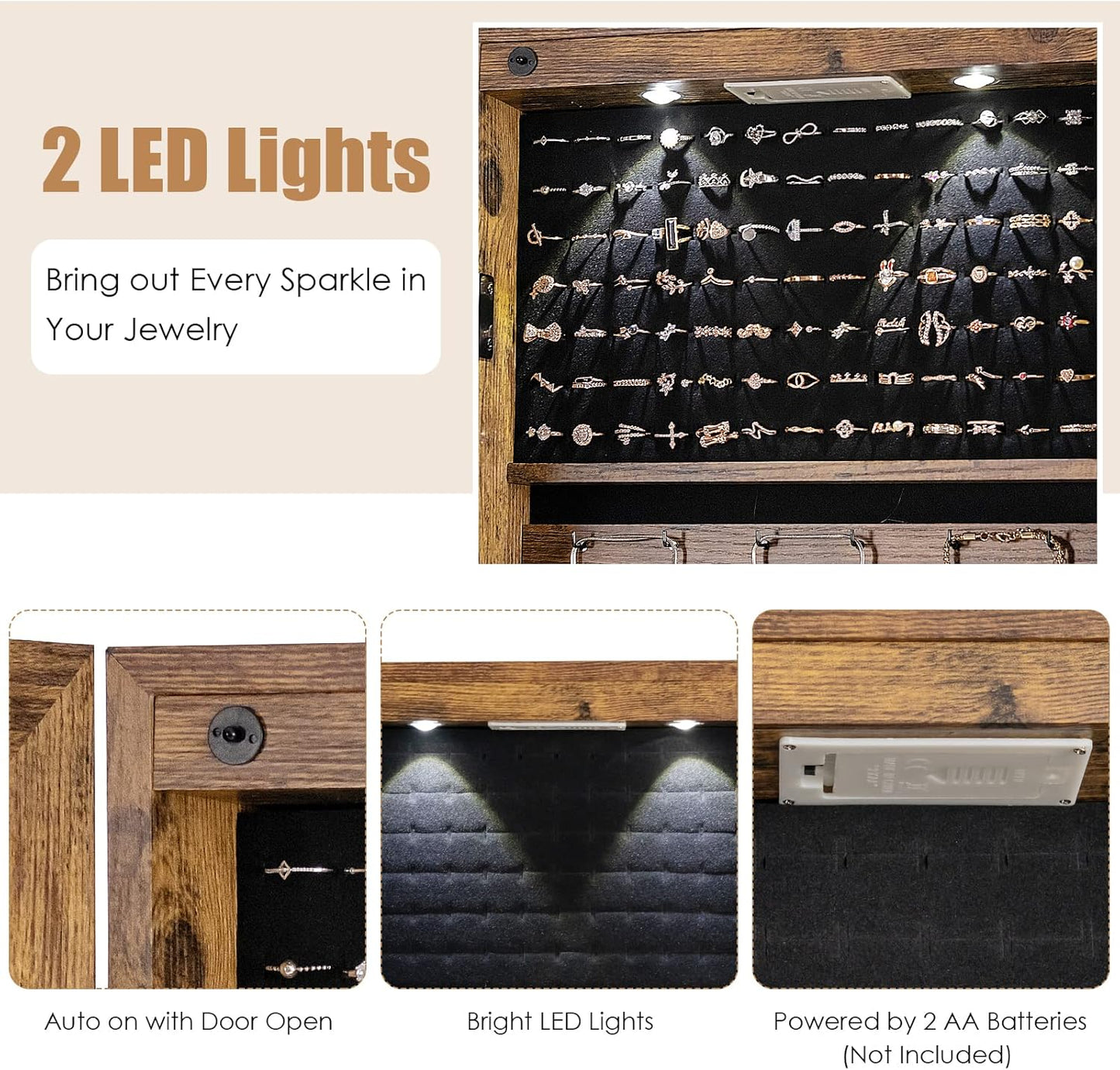 Giantex Wall Door Mounted Jewelry Armoire Cabinet with 47.5" H Full Length Mirror, 2 LEDs Lockable Jewelry Organizer Box with Bracelet Rod, 2 Drawers, Large Storage Capacity (Rustic Brown)