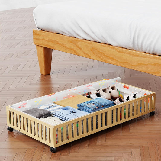 Bamboo Under Bed Storage Containers with Wheels, 40L UnderBed Drawers with Dust Bag, Breathable Under Bed Shoe Storage, Rolling UnderBed Clothes Storage, 1Pack