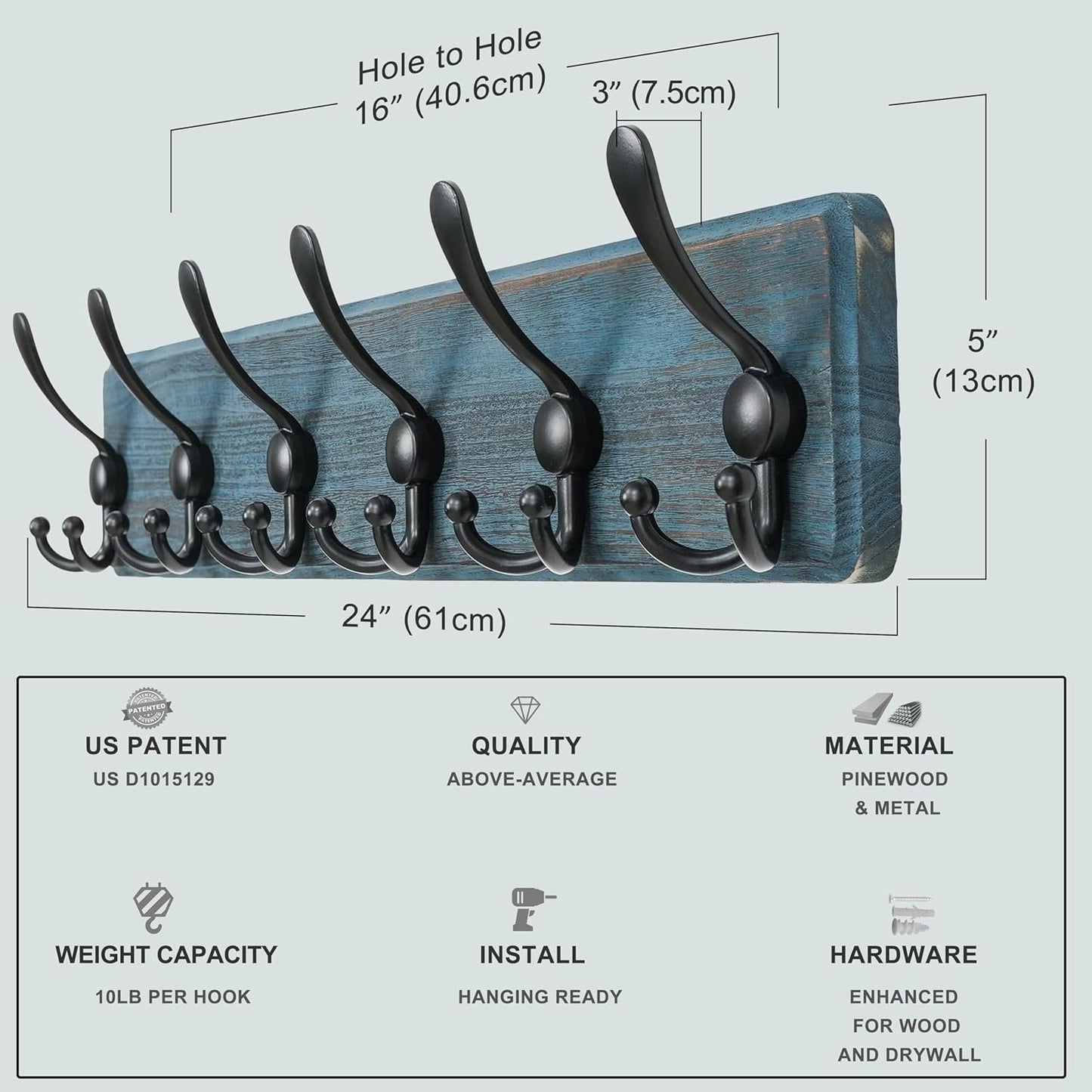 Dseap Coat Rack Wall Mounted - 24" Long 6 Tri Hooks, Heavy Duty Wooden Wall Coat Hanger Coat Hook for Clothes Hat Jacket Clothing, Weathered Blue and Black