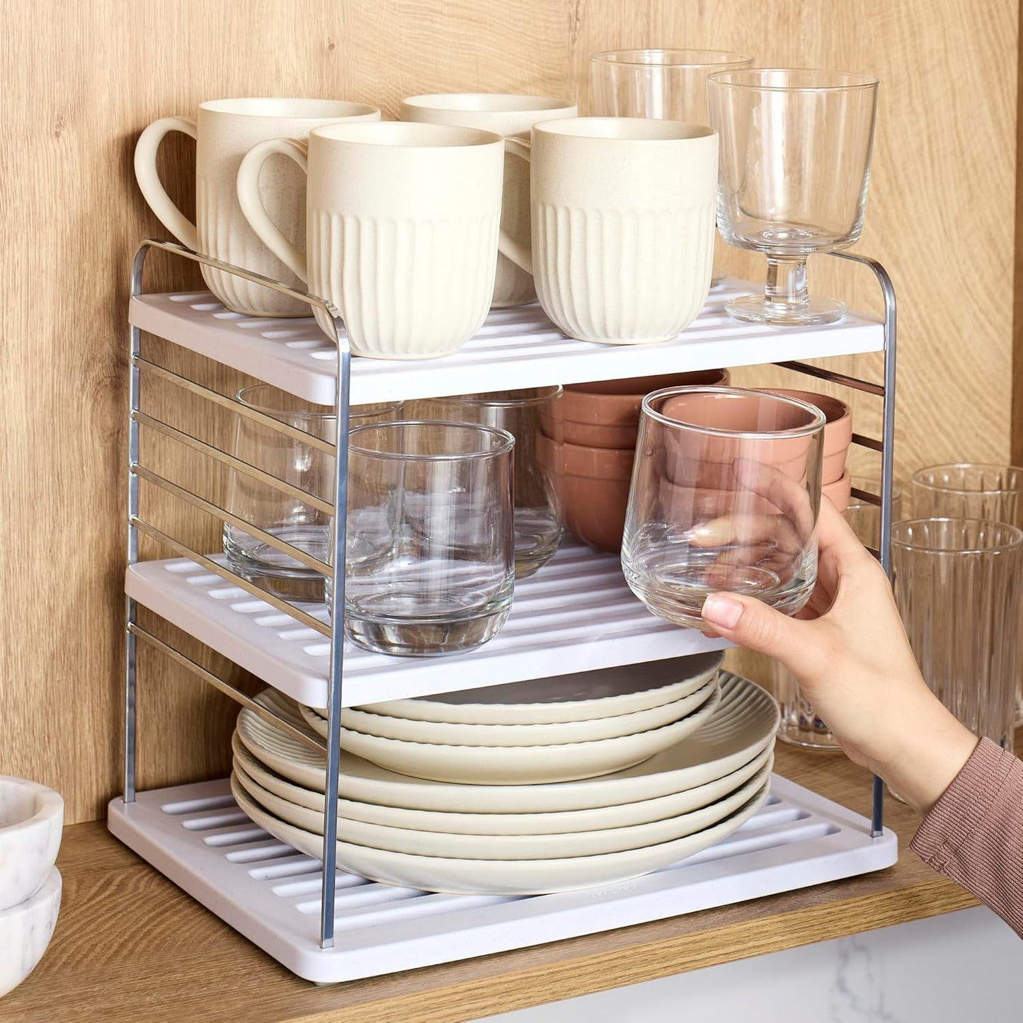 YouCopia UpSpace Cabinet Box Organizer, Adjustable Kitchen Pantry Shelf for Plastic Wrap and Foil Storage, Large Premium Edition