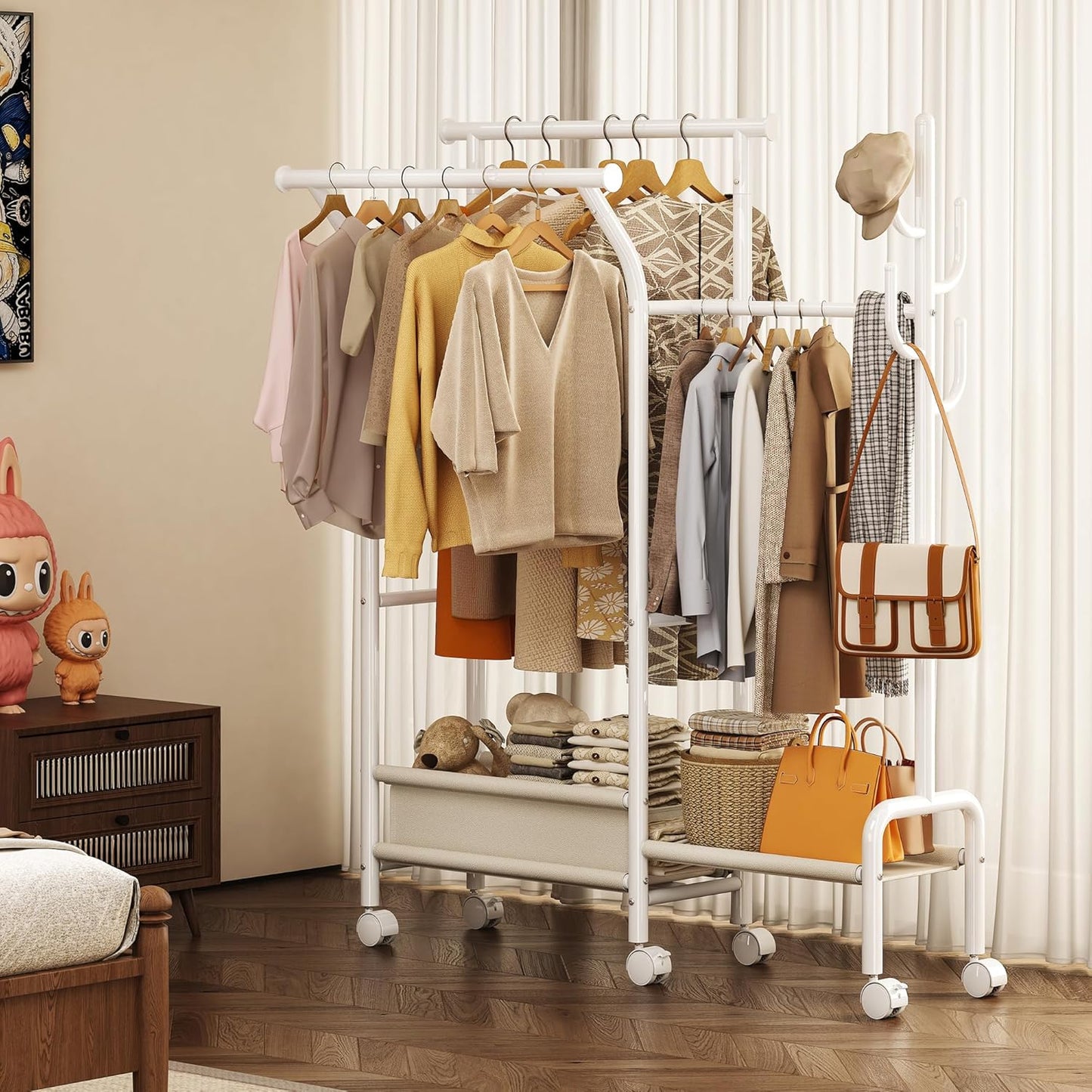 Homeiju Heavy Duty Clothes Rack Load 500LBS, Three Rods Clothing Racks for Hanging Clothes Extendable, Rolling Garment Rack with Sturdy Wheels, Basket, Storage Shelves, White