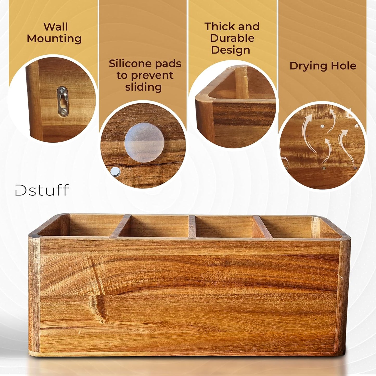 Dstuff Large Kitchen Utensil Holder Organizer for Counter or Countertop, Wooden Storage Container for Cooking and Silverware, Acacia Rustic Wood (4 Compartments)