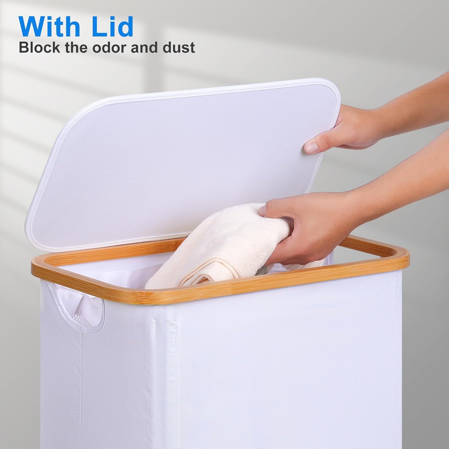 efluky Slim Laundry Basket with Lid, Narrow Laundry Hamper with Removable Bag, Skinny Dirty Clothes Basket with Bamboo Handles for Bathroom, Bedroom & Laundry Room, 75L White