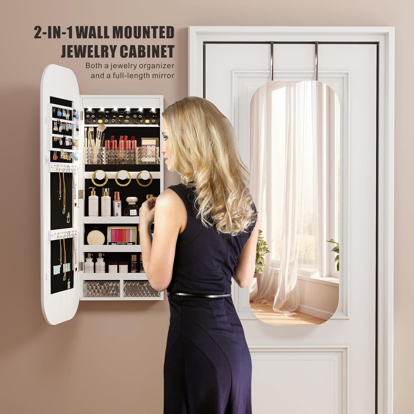 6 LED Mirror Jewelry Cabinet - Wall/Door Mounted Jewelry Armoire with Large Capacity - Lockable Tall Hanging Organizer - Cosmetic Storage & Gift Idea - White