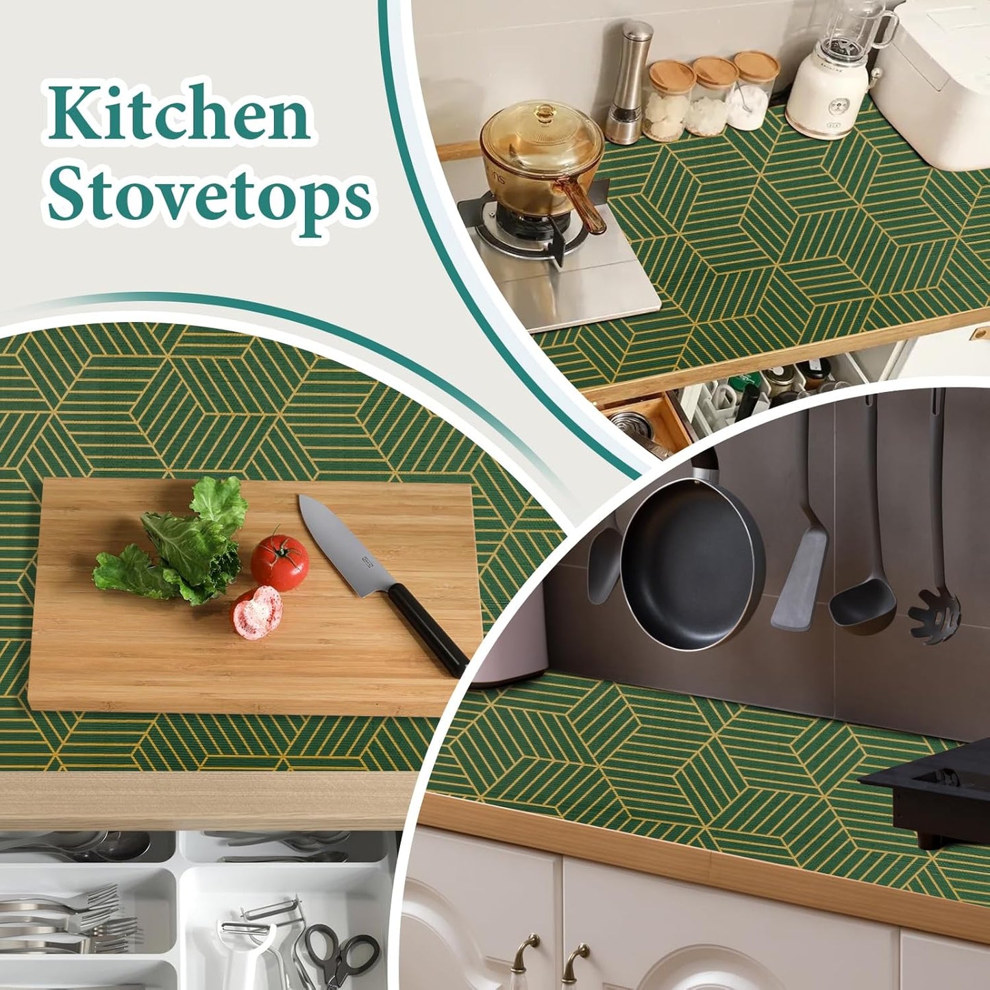 Shelf Liners for Kitchen Cabinets 17.5in x 20FT, Non Adhesive Cabinet Liner Strong Non-Slip Thickened Gold Green Geometric Drawer Liner, Easy to Clean for Shelf, Cabinet with Knife and Tape Measure