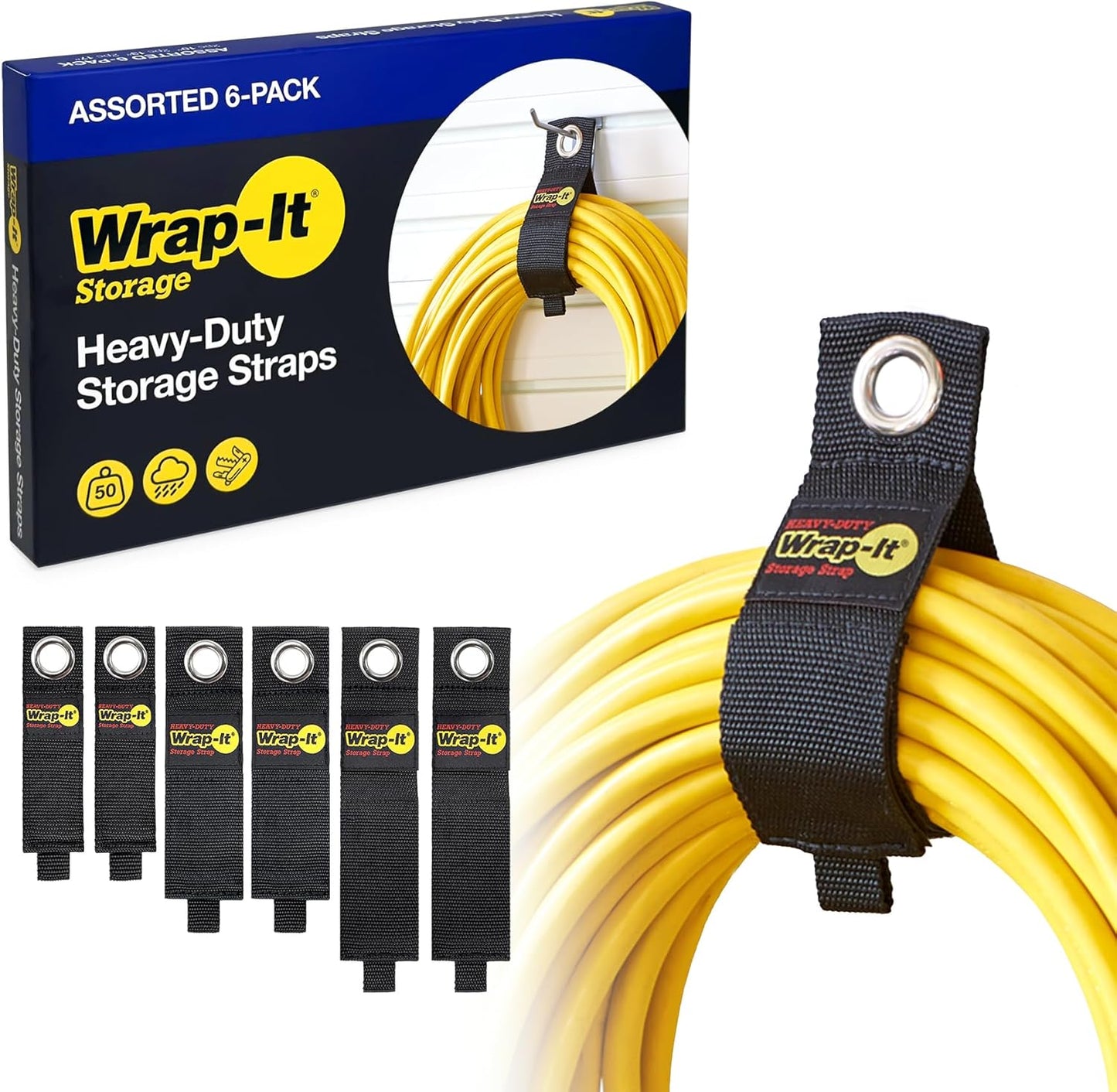 Heavy-Duty Wrap-It Storage Straps (Assorted 6 Pack) - Extension Cord Organizer, Cable Straps for RV Accessories, Mens Stocking Stuffers