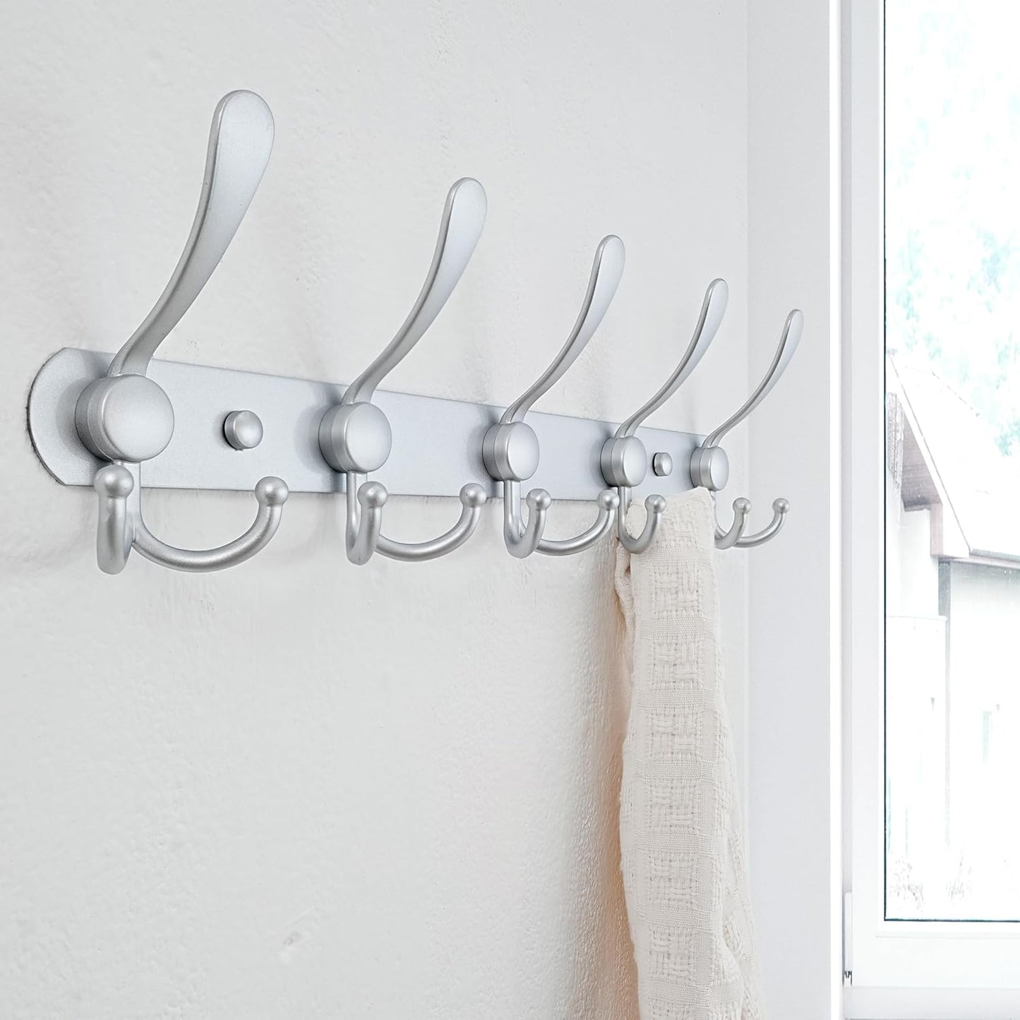 Dseap Coat Rack Wall Mounted - 5 Tri Hooks, Heavy Duty, Stainless Steel, Metal Coat Hook Rail for Coat Hat Towel Purse Robes Mudroom Bathroom Entryway (Silver, Pack of 2)