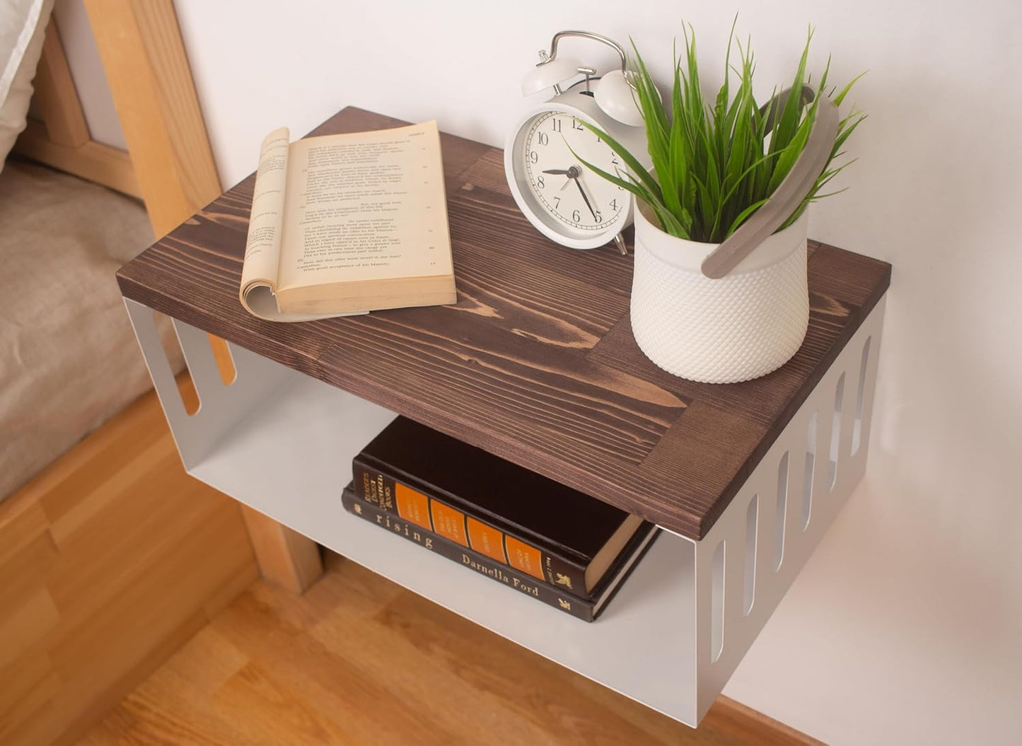 Floating Nightstand with White Metal Base, Wooden Top and Sturdy Metal Base, Minimalist Bedside Table, Wall Mounted Shelf, Bedside Shelf (London)