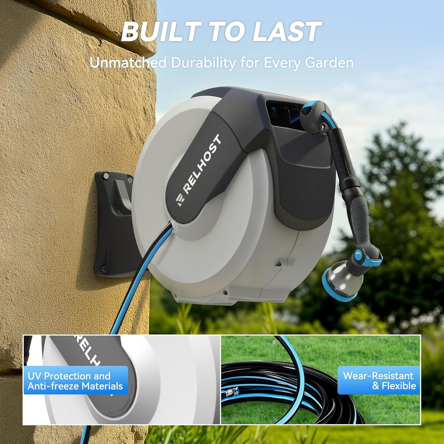 Retractable Garden Hose Reel 120 ft x 1/2 in, Heavy Duty Hose Reel Wall Mount with Any Length Lock, Auto Rewind System, 180° Swivel Bracket, 10-Pattern Garden Hose Nozzle, White & Grey