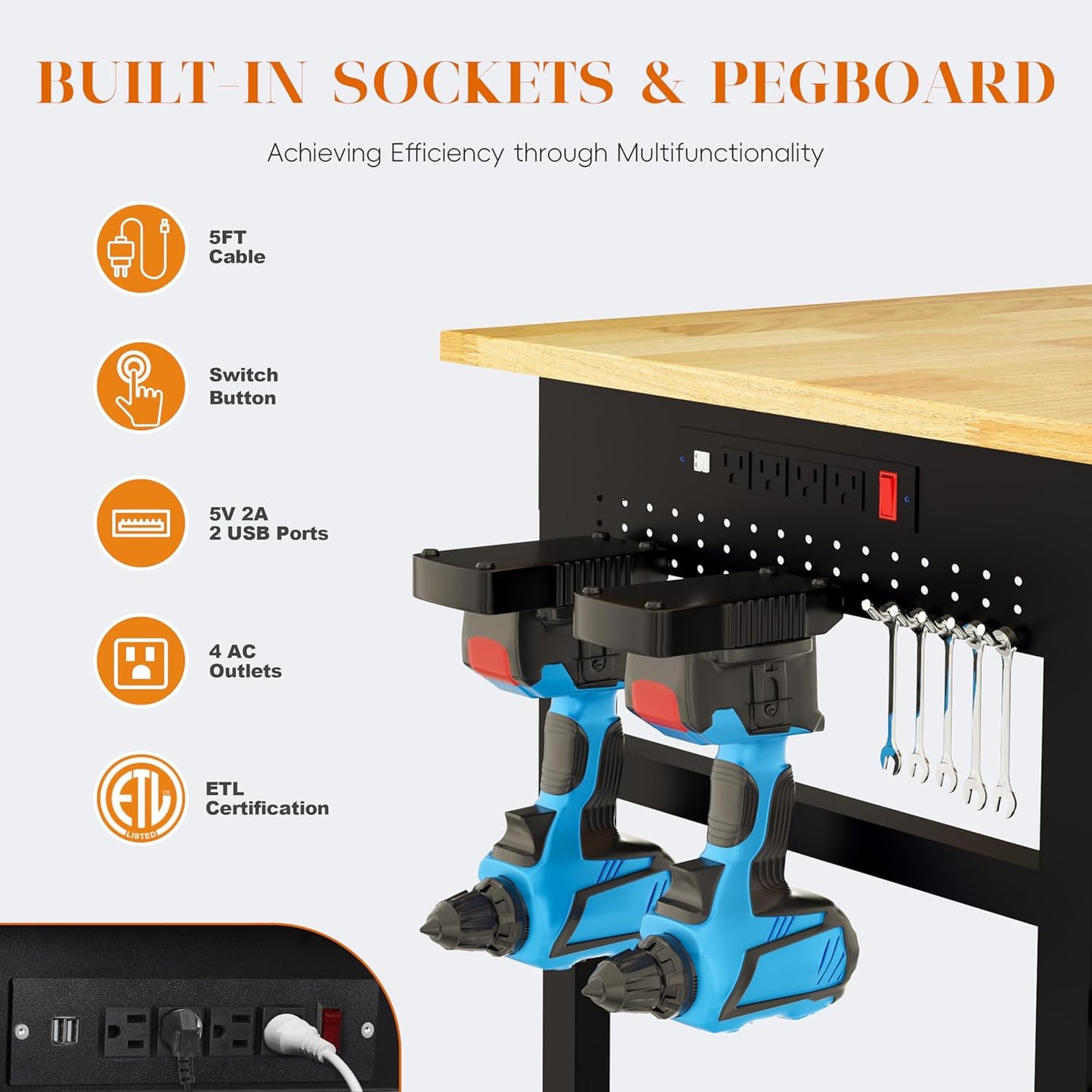 Betterhood 60" Adjustable Height Workbench, 2000 LBS Heavy Duty Work Table with Power Outlets & Pegboard, Rubber Wood Workstation for Garage, Workshop, Office, Home, Commercial