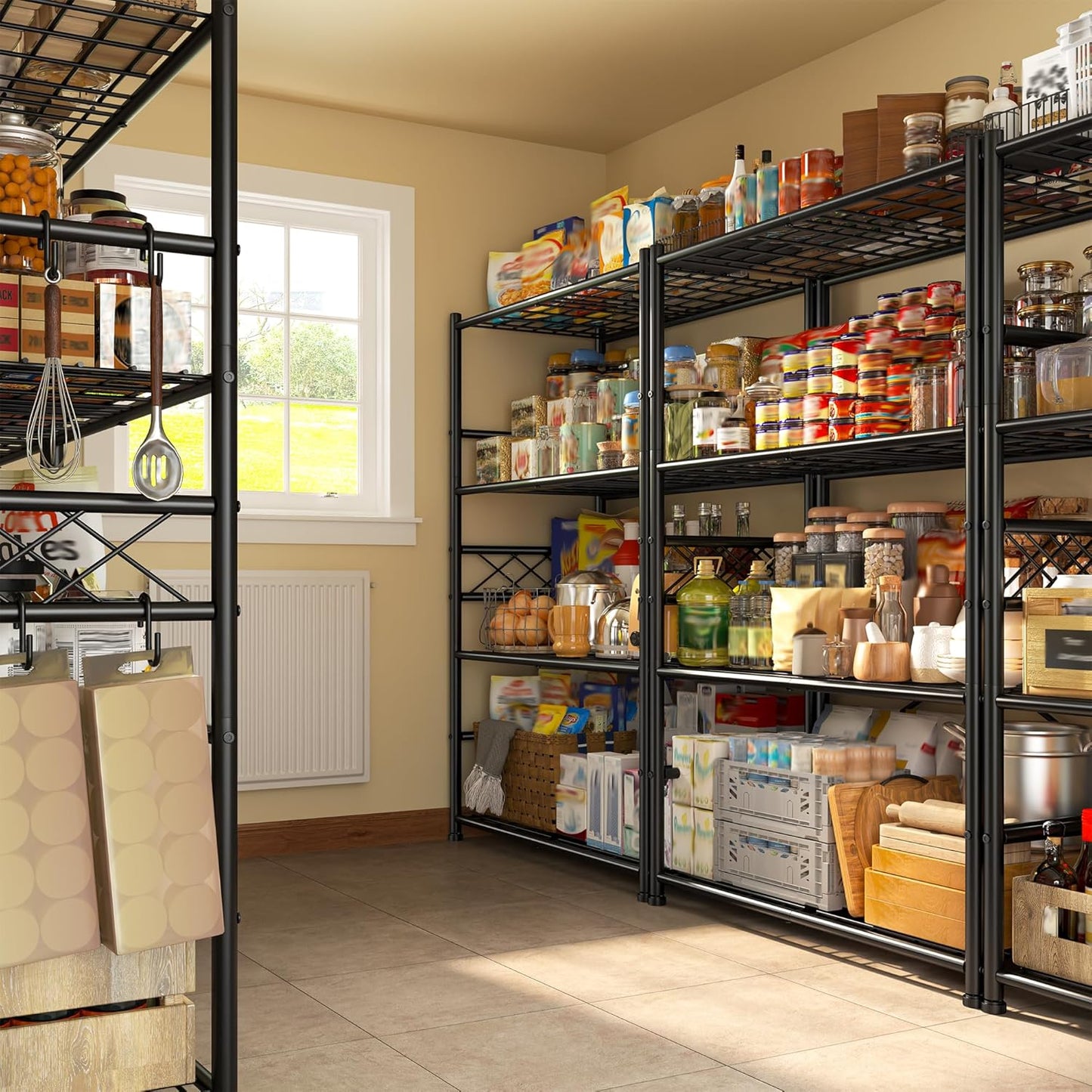 Storage Shelves 4-Tier Large Capacity Metal Shelving with Hooks, Heavy Duty Garage Shelving Unit with Leveling Feet, Stable Metal Shelves for Pantry, Kitchen and Closet,36" W x 12" D x 60" H, Black