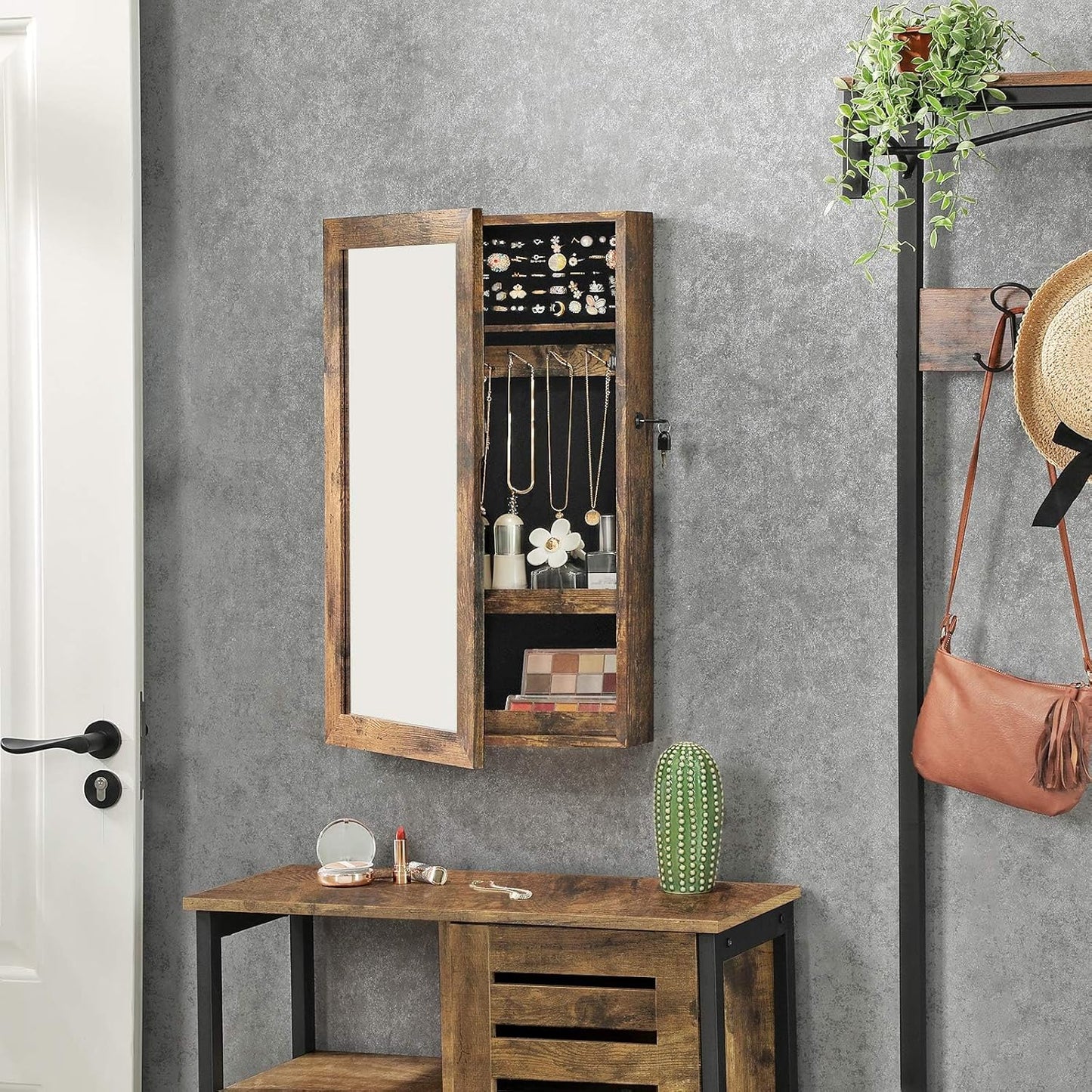SONGMICS Lockable Jewelry Cabinet Armoire with Mirror, Wall-Mounted Space Saving Jewelry Storage Organizer, Christmas Gift, Rustic Brown UJJC051K01