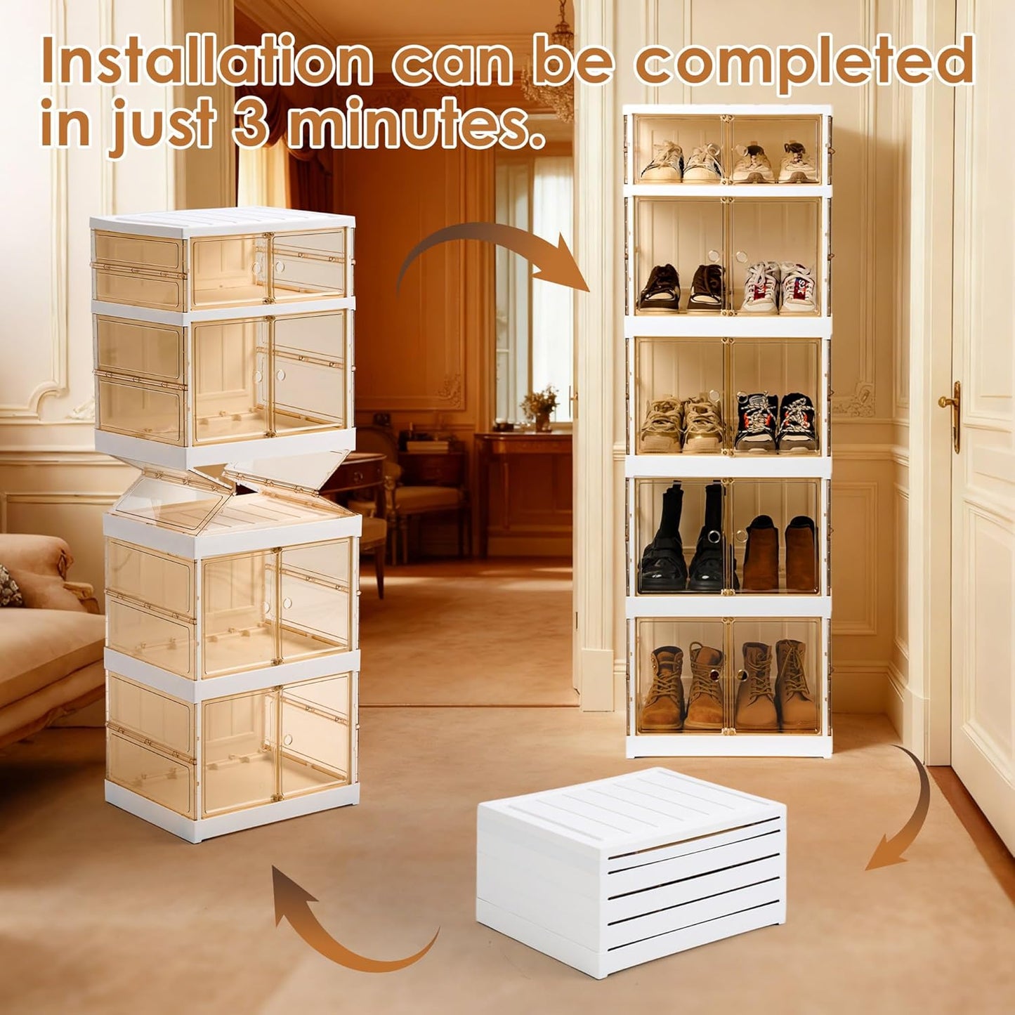 MGWILL Foldable Shoe Rack, Purse Organizers for Closet Plastic Clear Storage Box for Entryway, Large Sneaker Cabinet Bins Display Case for Collectibles with Magnetic Door 5 Tiers