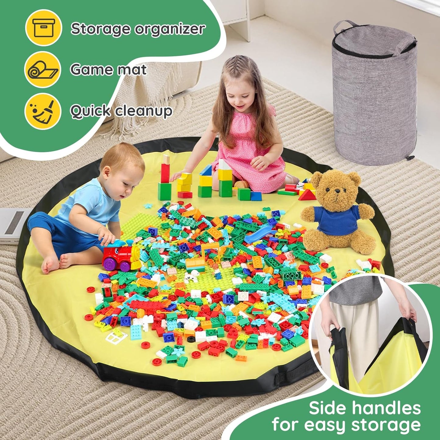 Toy Storage Organizer for Playroom, 13"W x16.5"H Foldable Bin with Play Mat & Zipper - Large Capacity Organizer for Scattered Building Blocks & Stuffed Animals