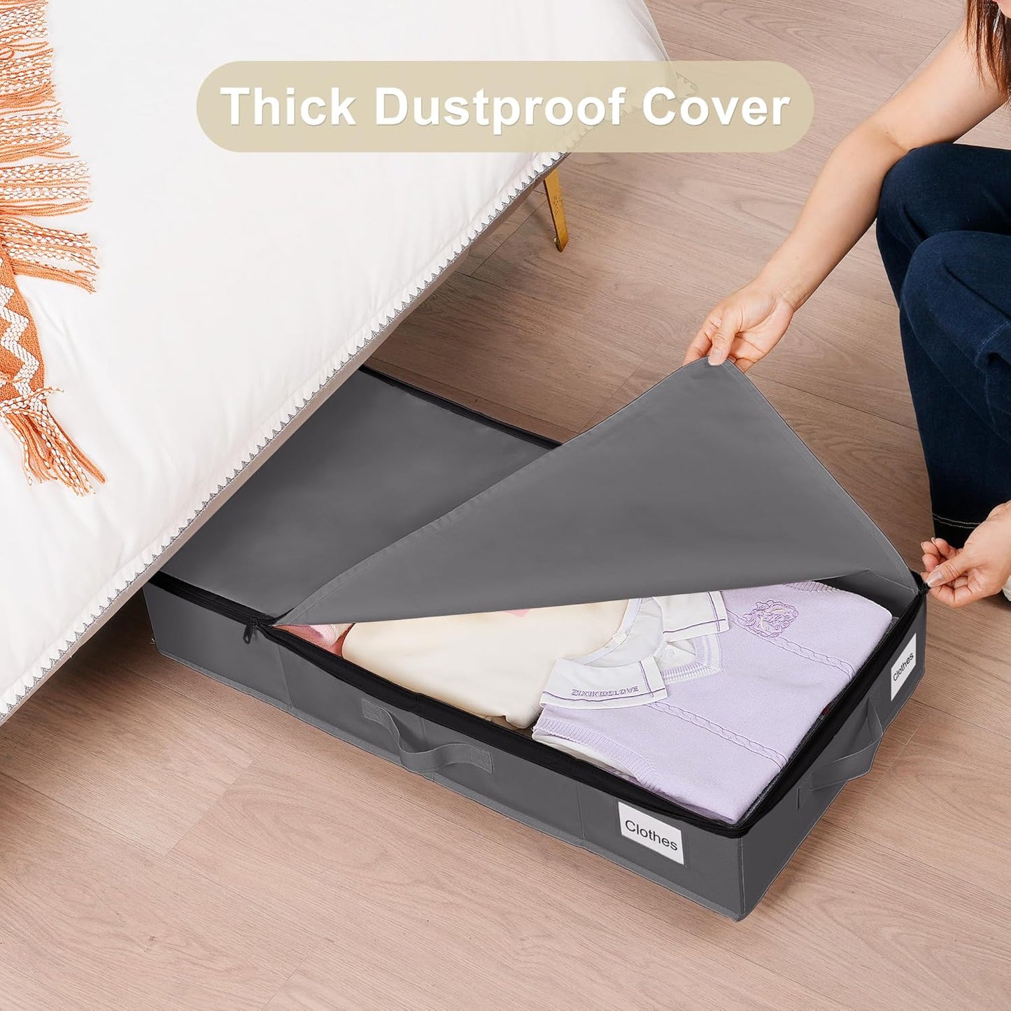 Under Bed Storage with Wheels, 2 Pack Under Bed Storage Containers with Label Holders for Clothes, Shoes and Blankets, Rolling Underbed Shoe Organizer with Cover, Grey (30.71x15.7x7.28 in)
