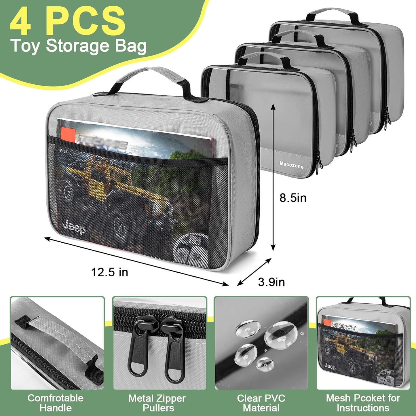 4 PCS Toys Storage Bag, Classic Bricks Building Set Storage Bag, Travel Case for Building Toys, Puzzles, Grey