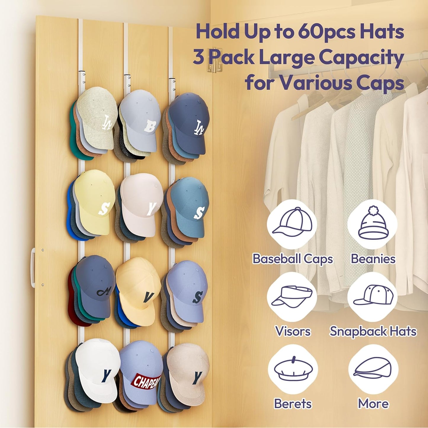 SWTYMIKI Over Door Hat Organizer - 3 Packs Metal Hanging Hat Rack with 12 Hooks Design, Baseball Cap Hanger Organizer Storage Holds up to 60 Caps for Door, Bedroom, Closet