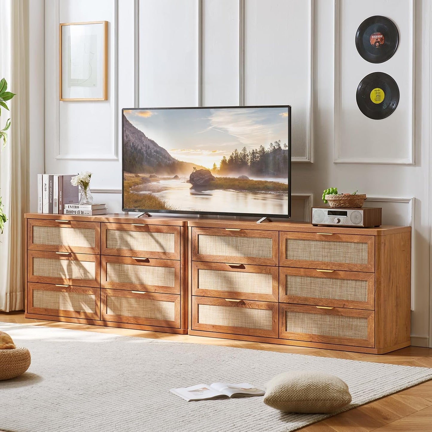LEYAOYAO Rattan 6 Drawer Dresser for Bedroom, 54" Wide Boho Chest of Drawers, Wooden Dressers TV Stand with Metal Handle, Storage Closet Organizer for Living Room, Hallway, Tea Brown