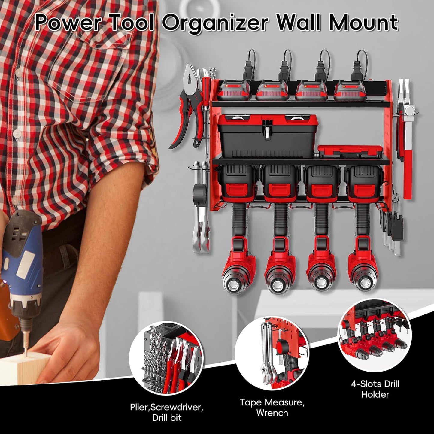 Power Tool Organizer Wall Mount with Charging Station, Drill Holder, Adjustable Layers, Heavy Duty Garage Tool Organizer Storage with 8 Outlet Power Strip, Christmas Gifts for Men, Dad, Husband