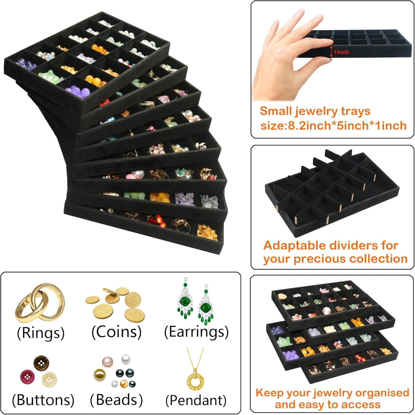 8 Pack Earring Organizer Holder Velvet Jewelry Tray for Drawer Stackable Jewelryy Organizer Divided Display Tray for Earring 144 Grids, Black