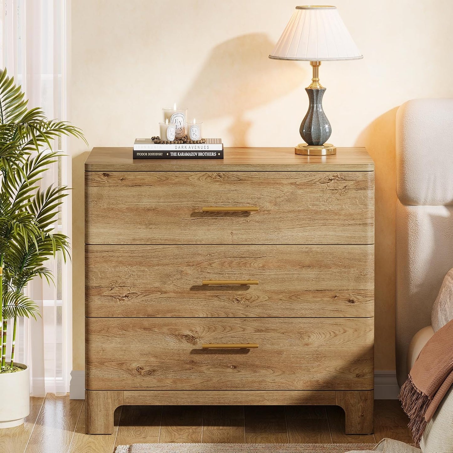 Tribesigns Oversized Nightstand with 3 Drawers, 31.5-Inch Wide Wood Farmhouse Night Stand with Storage and Gold Mental Handles for Bedroom, Brown (1)