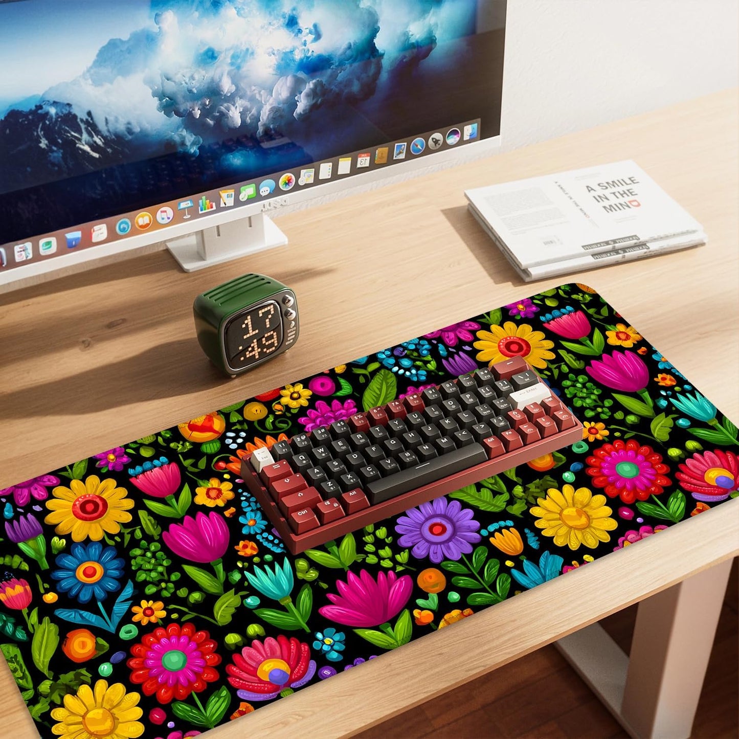 Folk Art Floral Mouse Pad – Large Extended Desk Mat 35.43 x 15.75 in – Colorful Boho Flowers on Black Background, Waterproof Surface, Non-Slip Rubber Base, Oversized Mouse & Keyboard Pad