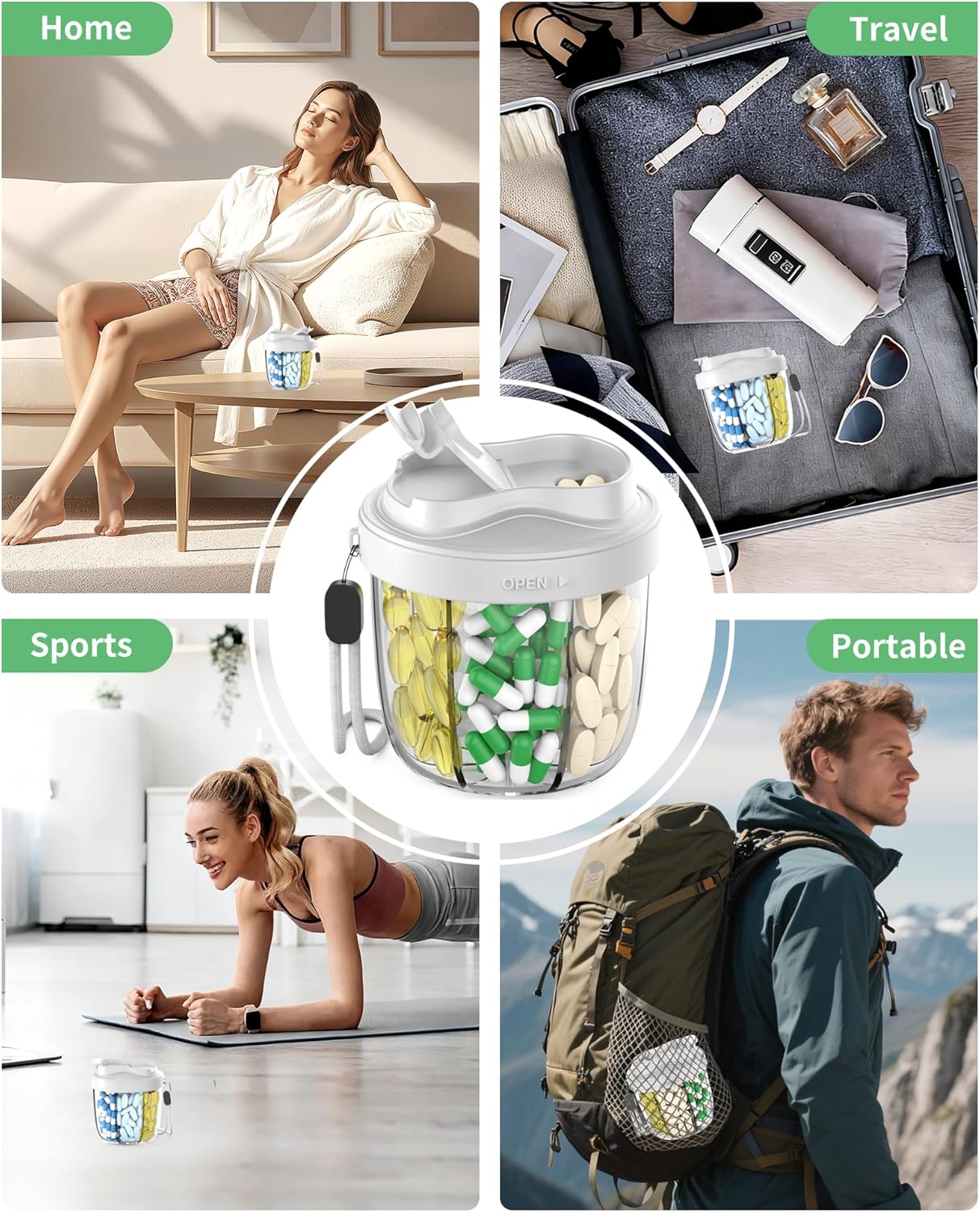 Pill Organizer,Pill Dispenser with 7 Large Compartments,Portable Pill Box for Travel, Anti-Mix Design & Wide Opening Design, Easy Access to Vitamin Dispenser, Includes 20 Blank Stickers（Grey）