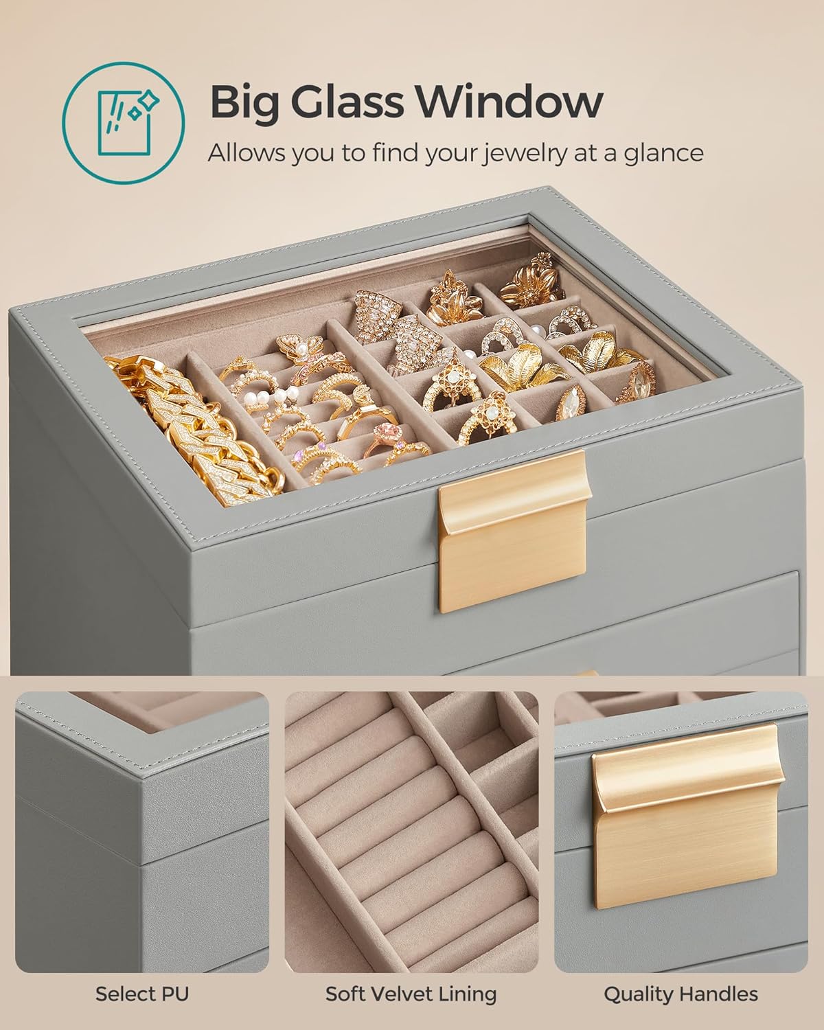 SONGMICS Jewelry Box Organizer with Glass Lid, 4-Layer Jewelry Storage, with 3 Drawers, Modern Style, Christmas Gift, 8 x 9.1 x 6.5 Inches, Dove Gray and Gold Color UJBC173G01
