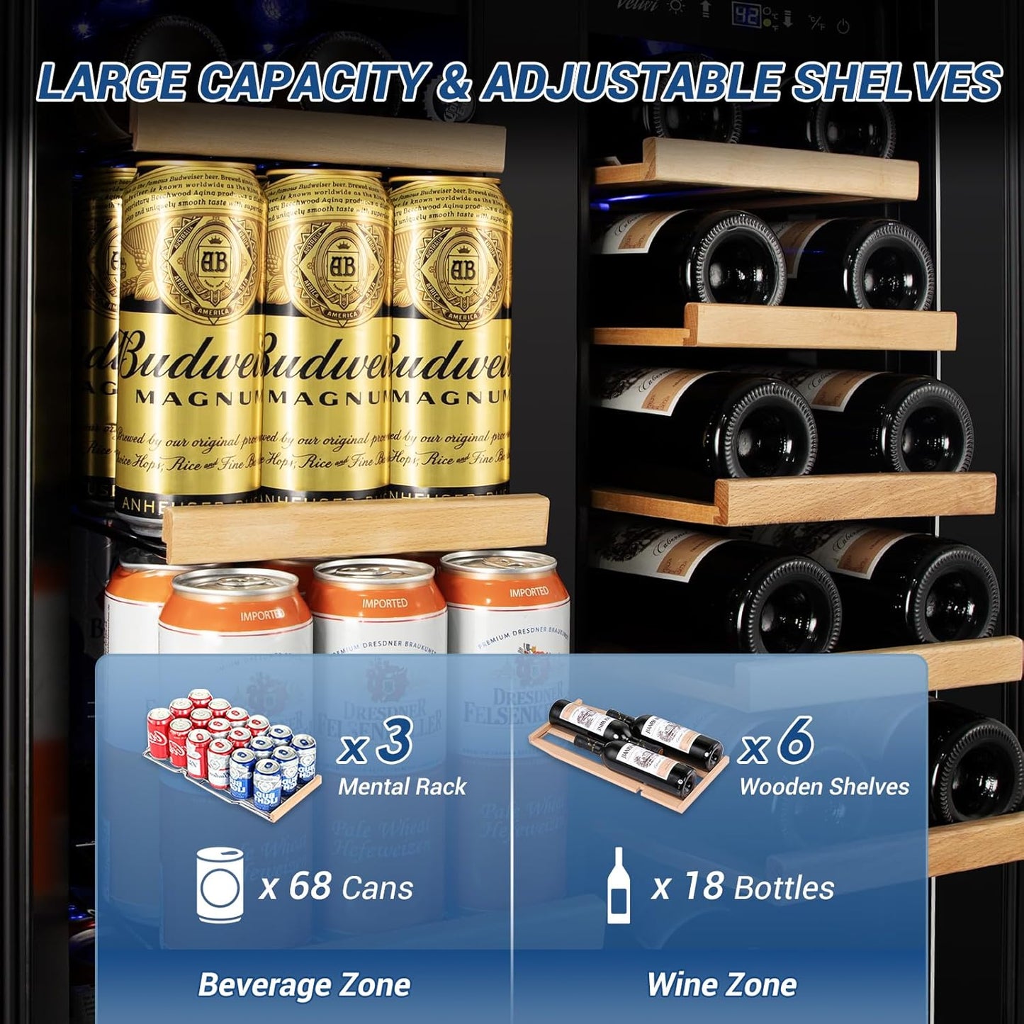 Wine and Beverage Refrigerator Black, 24 Inch Beverage Cooler Under Counter Dual Zone with Glass Door&Lock, 18 Bottles and 68 Cans Large Capacity for Beer Soda Drink, Built-In or Freestanding Fridge