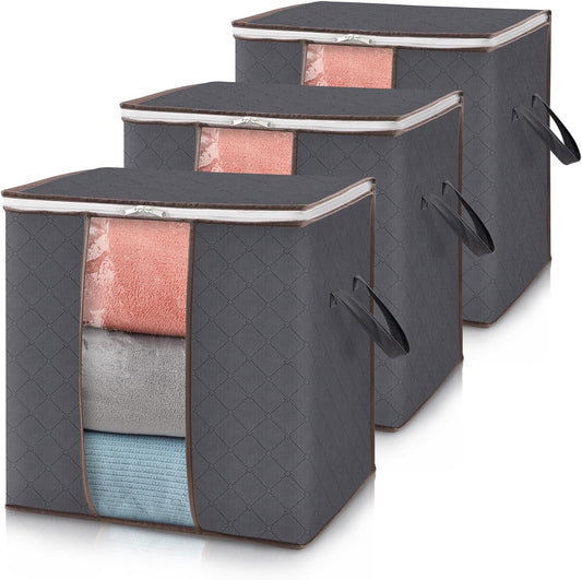 Lifewit 3 Pack Clothes Storage Bins with Lids, Foldable Blanket Storage Bags with Zippers, Clear Window and Reinforced Handles, Closet and Organization for Clothing, Sweater, Comforter, Bedding, Gray