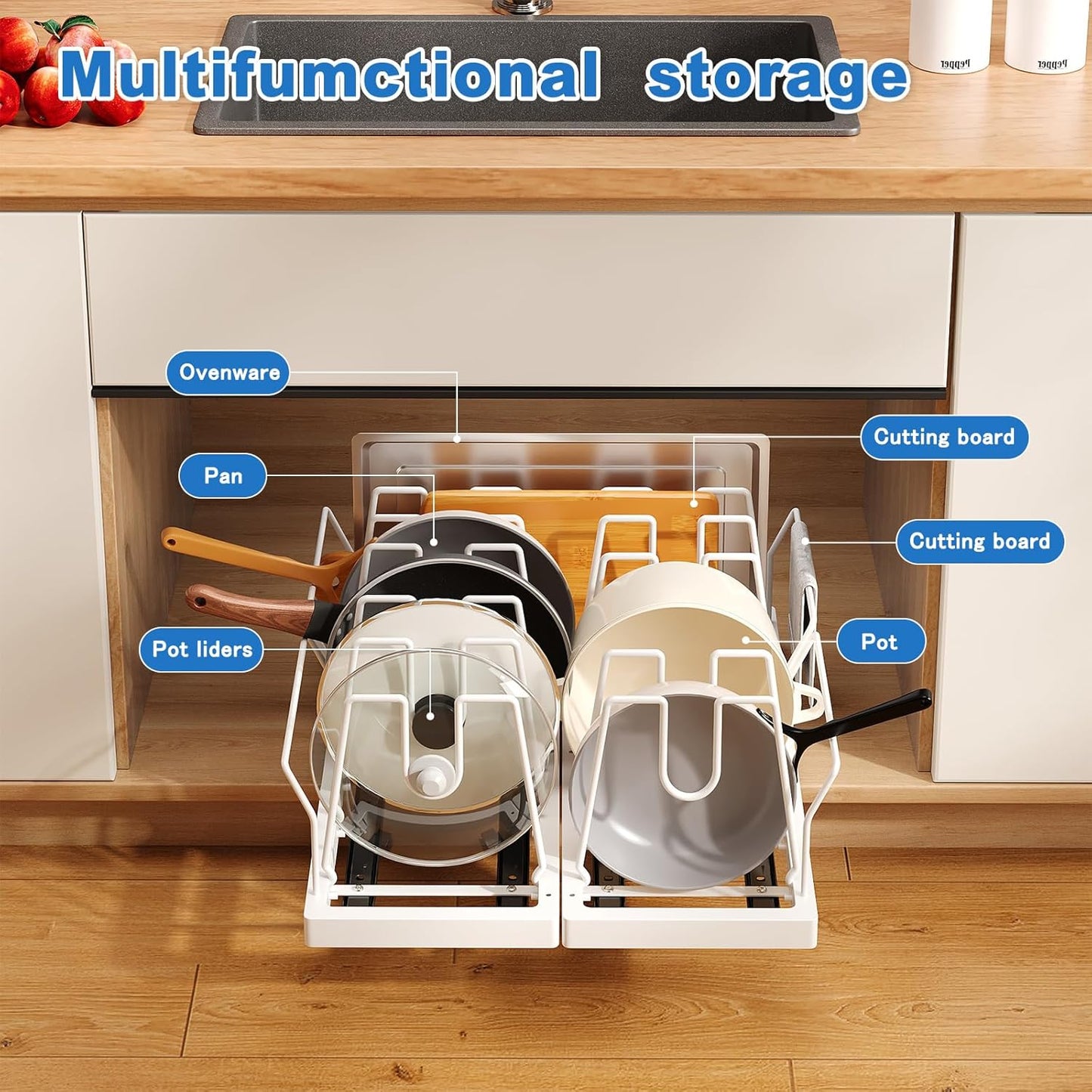2 Pack Pots and Pans Organizer Under Cabinet, 21.6" Deep Pull Out Pot Lid Organizer Holder with Guardrail Adhesive Pot and Pan Holder Rack with 10 Adjustable Dividers(White)